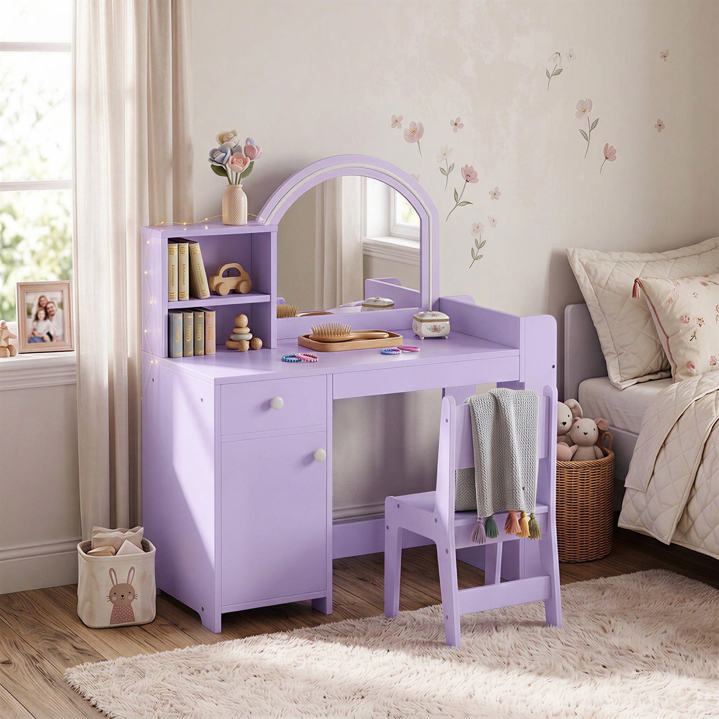 AIYAPLAY Kids Vanity Table and Chair Set, Girls Dressing Table with 2-Colour LED Mirror, Stool, Cabinet, Drawer, Shelves, Purple
