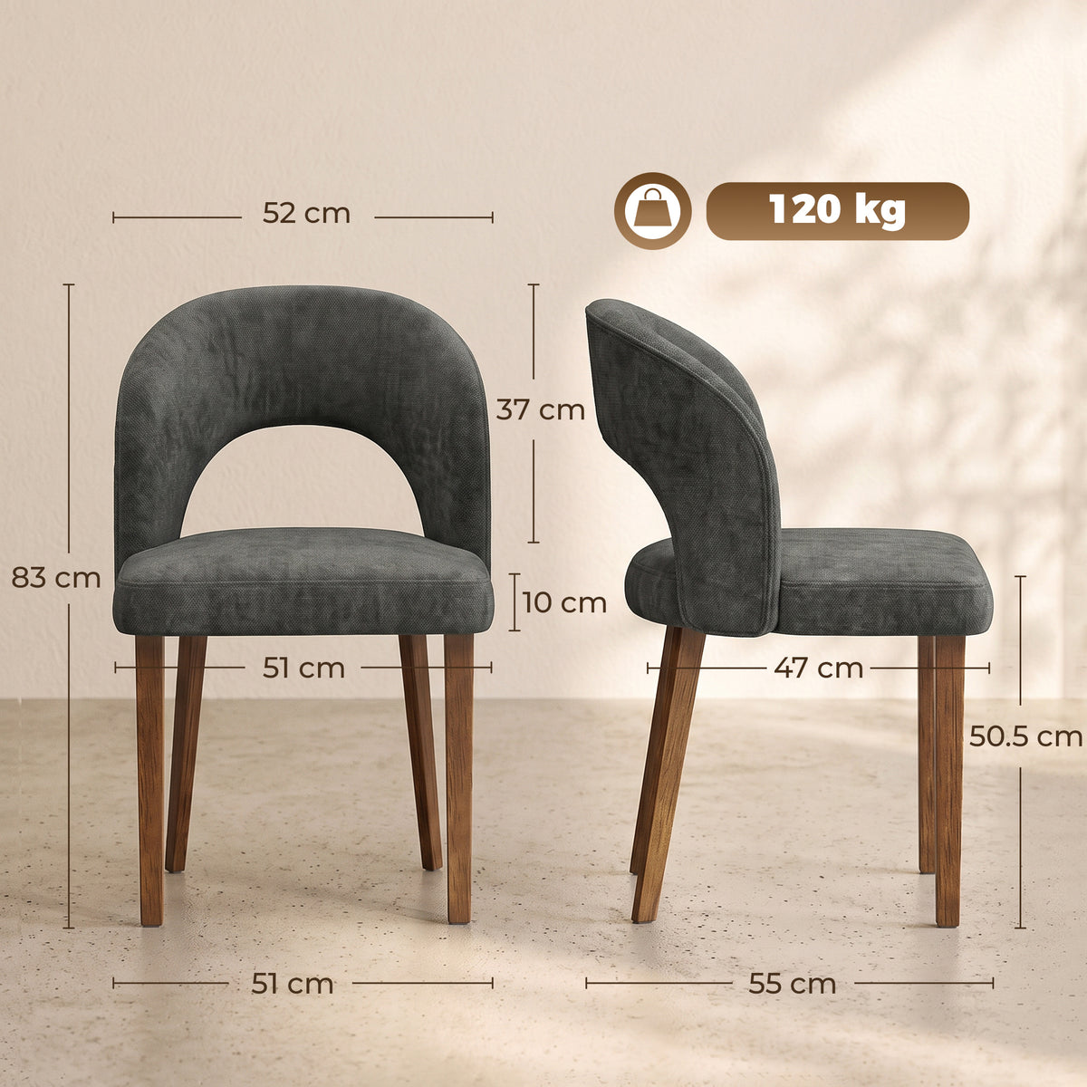 HOMCOM Modern Dining Chairs Set of 2, Chenille Upholstered Ergonomic Kitchen Chairs with Thick Padded Seat, Backrest Dark Grey