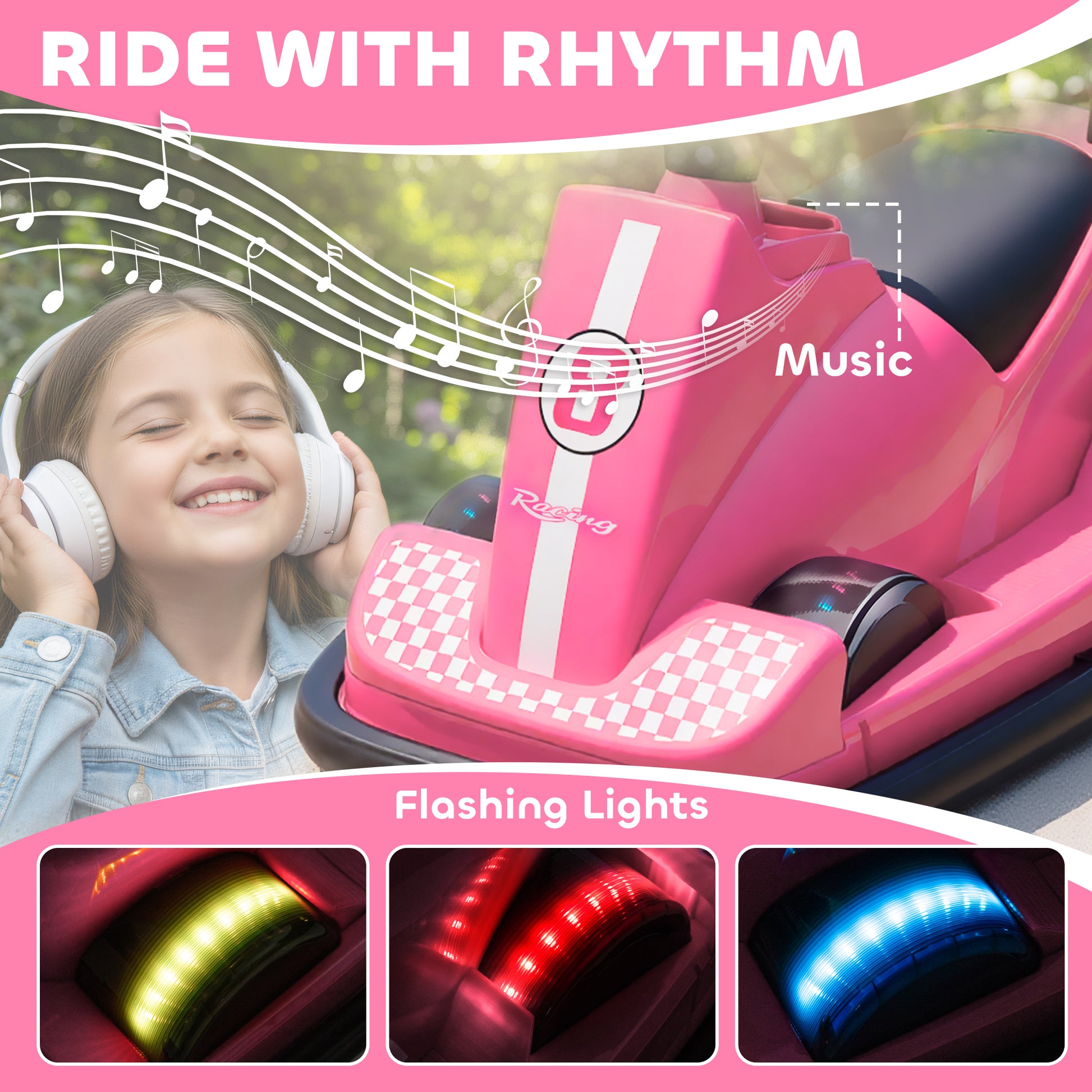 AIYAPLAY Kids Bumper Car, 360Â° Rotation Spin Electric Waltzer Car with LED Lights, Music for Ages 3-8 Years Old, Pink