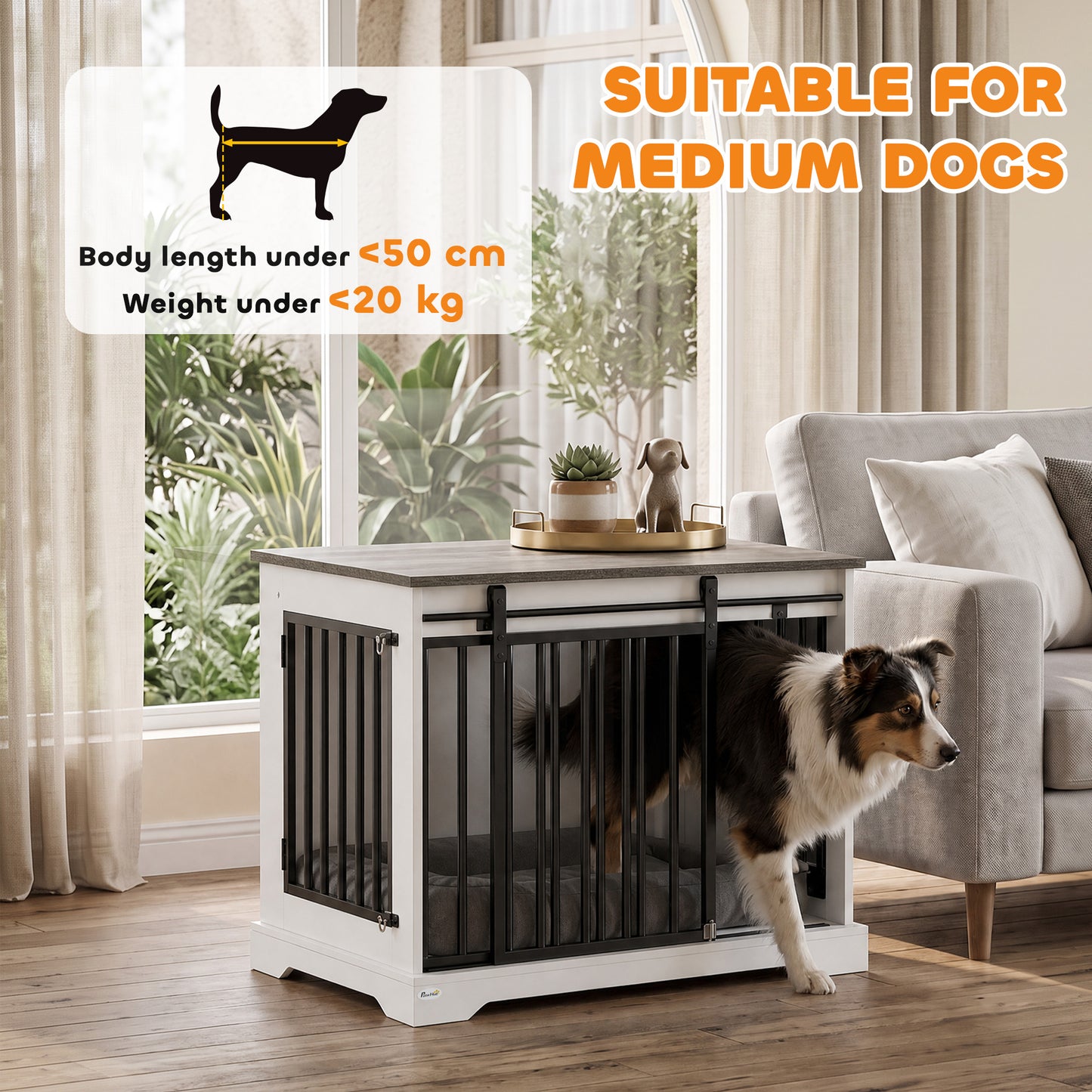 PawHut 80 cm Dog Crate Furniture with Sliding Barn Door for Medium Dogs, White