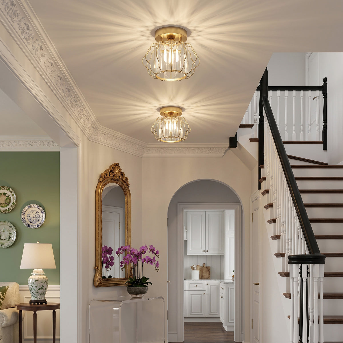 HOMCOM Crystal Ceiling Light Fixtures, Modern Semi-Flush Ceiling Lighting with Crystal Strips, 2 Pack, Gold Tone