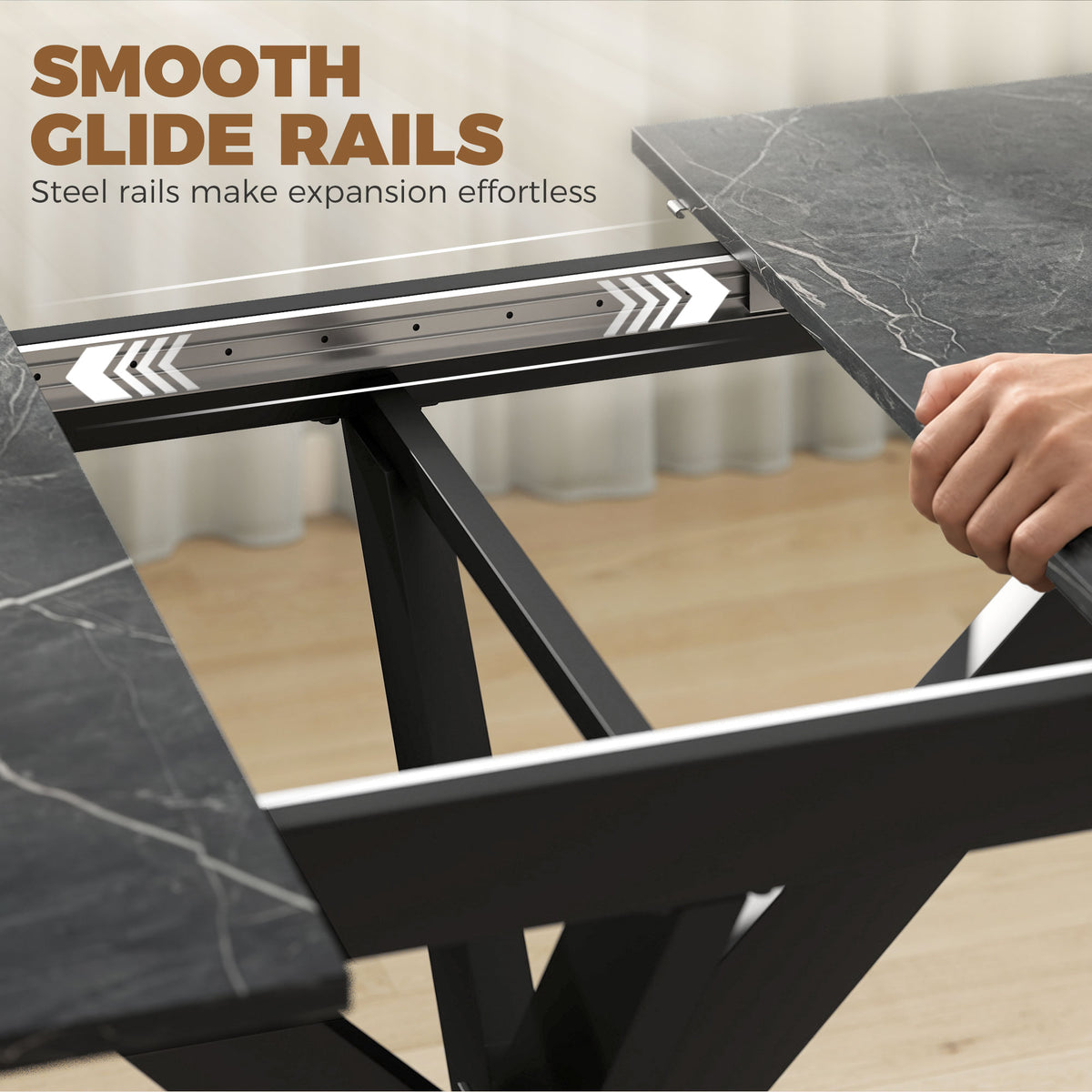 HOMCOM Extendable Dining Table Steel Cross Legs Steel Rails Space Saving Black