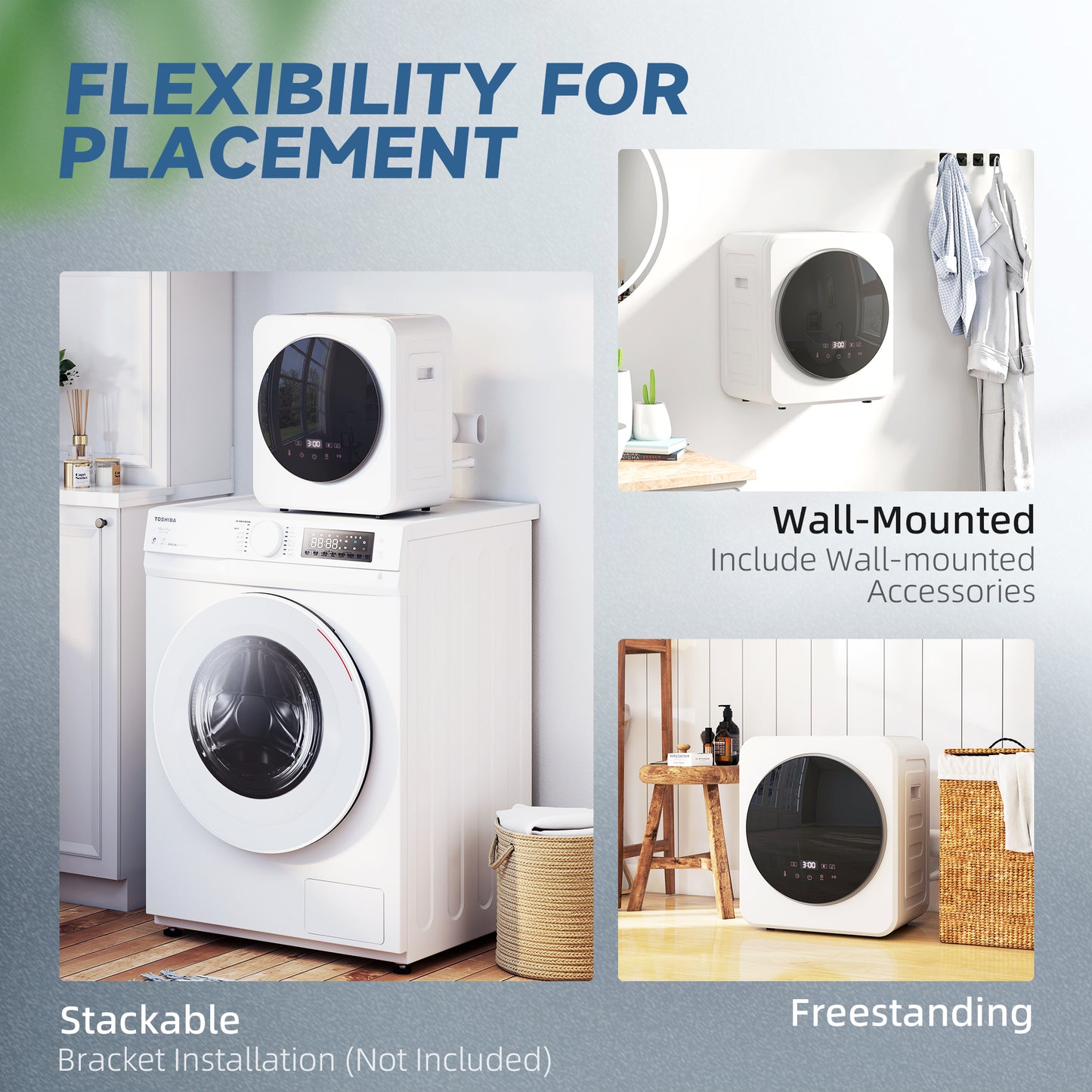 HOMCOM 4kg Vented Tumble Dryer, 800W Compact Freestanding Front Tumble Dryer with Stainless Steel Tub and Customisable Timer, Wall-Mounted Portable Small Clothes Drying Machine, White