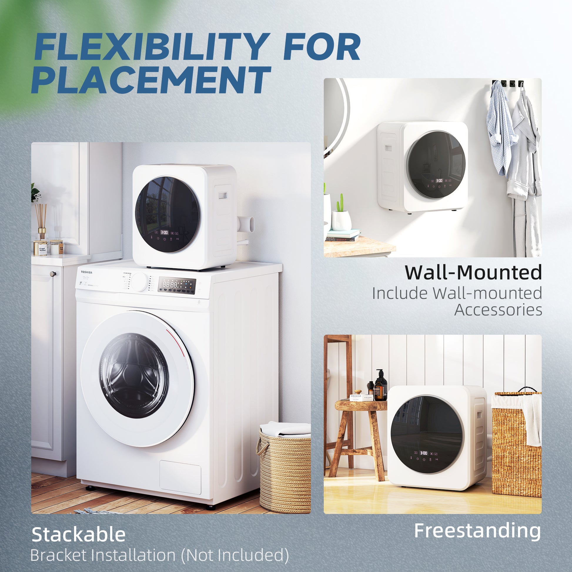 HOMCOM 4kg Vented Tumble Dryer, 800W Compact Freestanding Front Tumble Dryer with Stainless Steel Tub and Customisable Timer, Wall-Mounted Portable Small Clothes Drying Machine, White