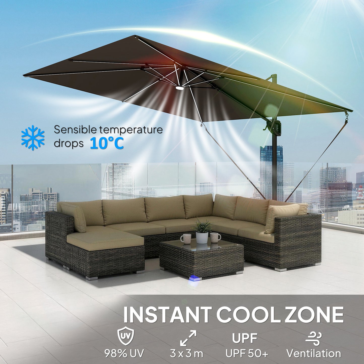 Outsunny 3 x 3 m Garden Cantilever Parasol w/ Light, Cover, UPF50+ Patio Umbrella w/ Wind Protection, 360Â° Rotation, Dark Grey
