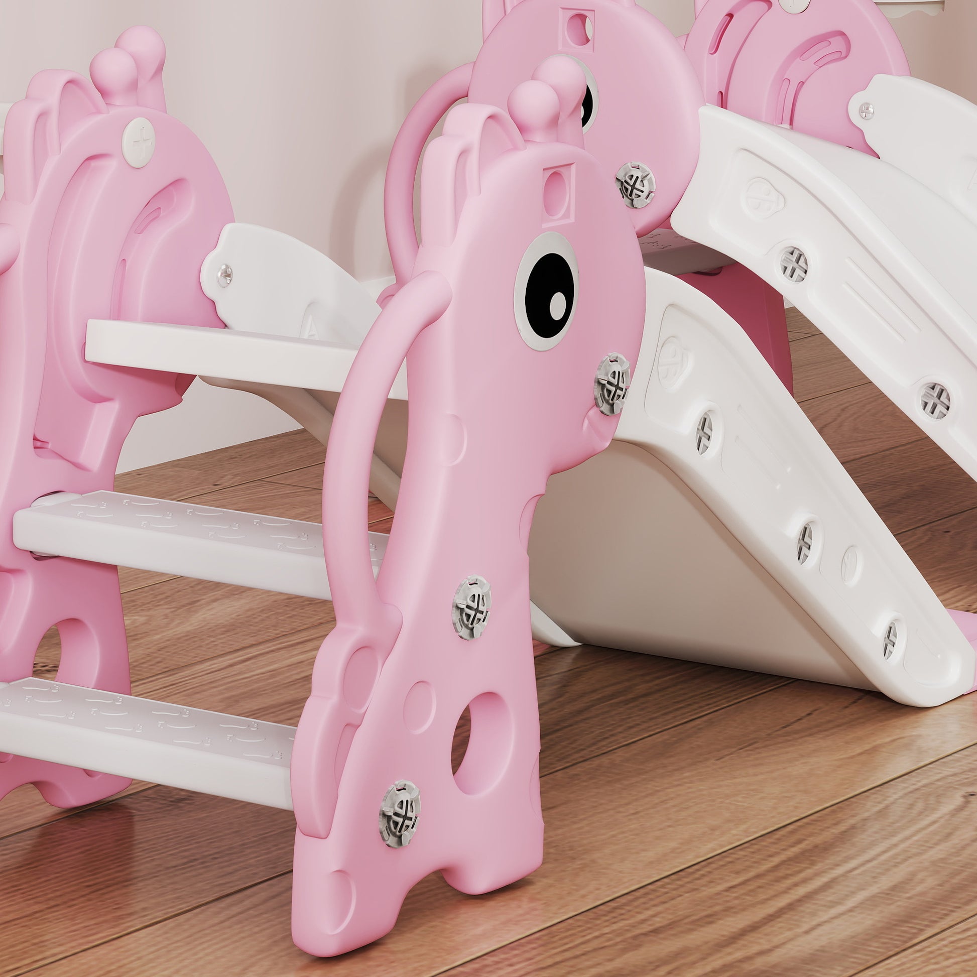 AIYAPLAY 3 in 1 Kids Slide with Climber, Basketball Hoop and Ball, Giraffe Shape Climber Slide for Indoor Kids Age 1-3, Pink
