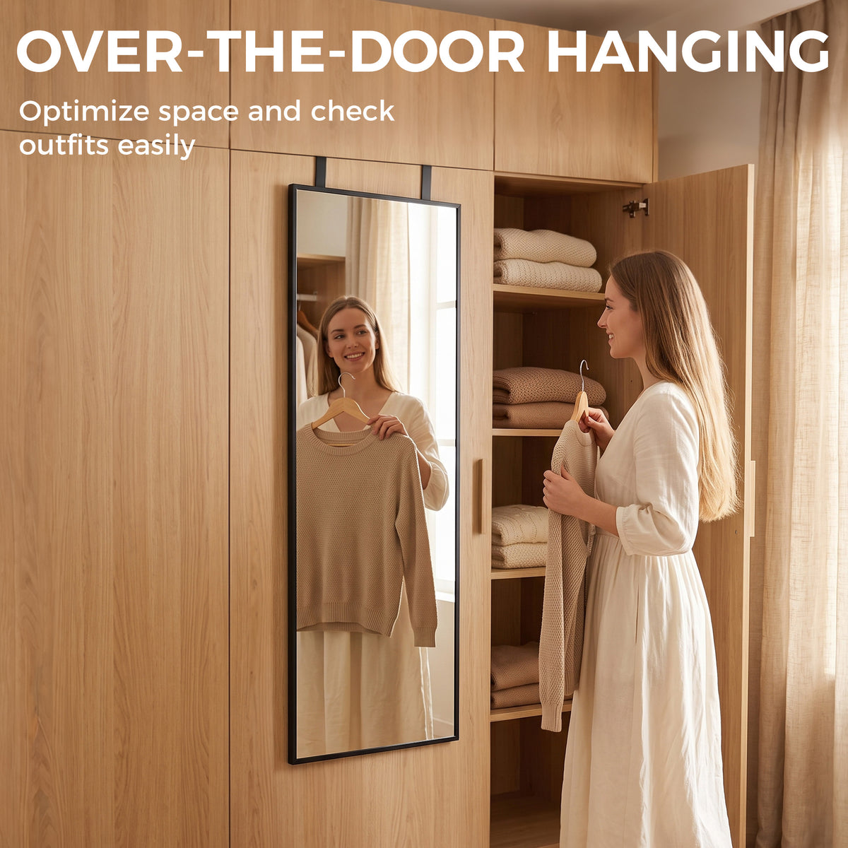 HOMCOM 40 x 110 cm Full Length Wall Mirror, Rectangular Mirror with Adjustable Hooks, Over the Door or Wall Mounted, Black
