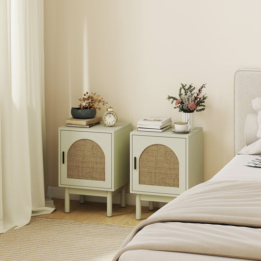 HOMCOM 2-Piece Rattan Bedside Table for Bedroom - Light Green