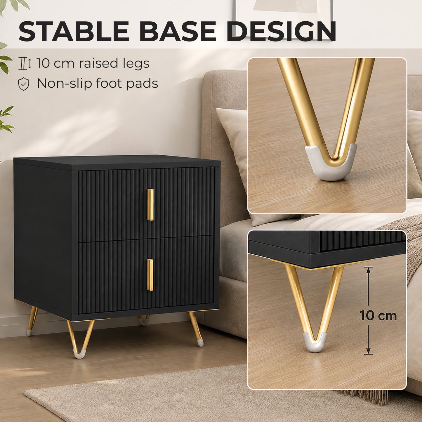 HOMCOM Elegant Fluted Bedside Table - Black/Gold-Tone
