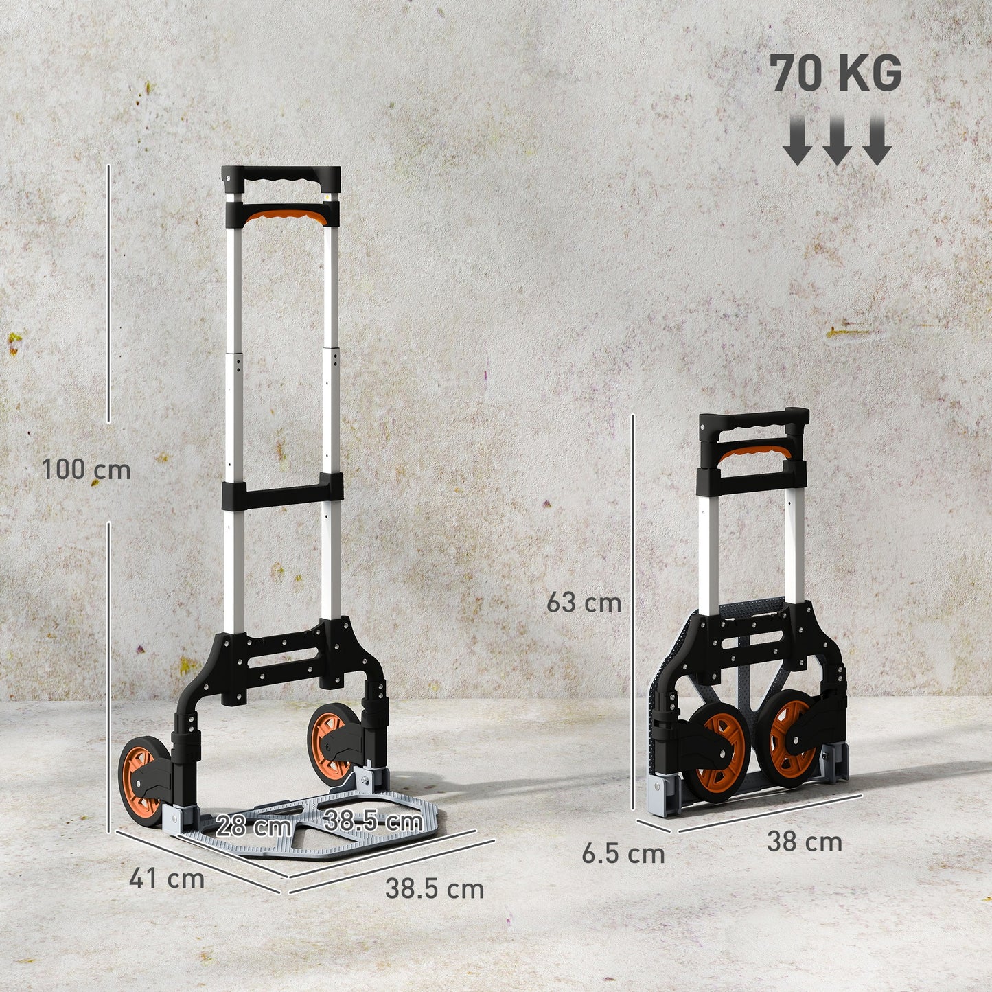 HOMCOM Folding Sack Truck, 70kg Lightweight Hand Truck with Wheels, Foldable Trolley Cart with Telescoping Handle for Warehouse, Office, Luggage, Silver Tone