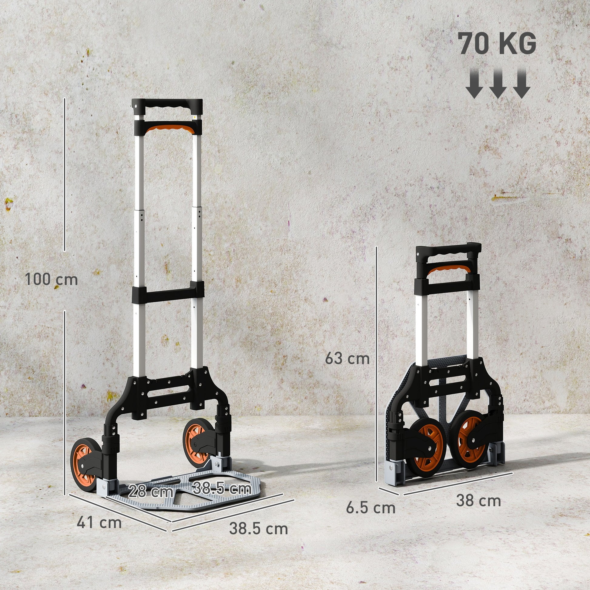 HOMCOM Folding Sack Truck, 70kg Lightweight Hand Truck with Wheels, Foldable Trolley Cart with Telescoping Handle for Warehouse, Office, Luggage, Silver Tone