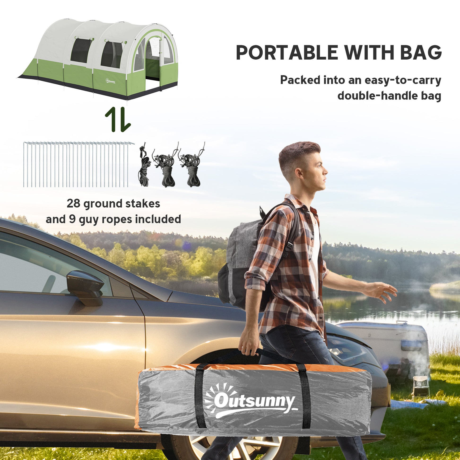 Outsunny Three Man Duo Room Tunnel Tent, with Accessories - Cream/Green