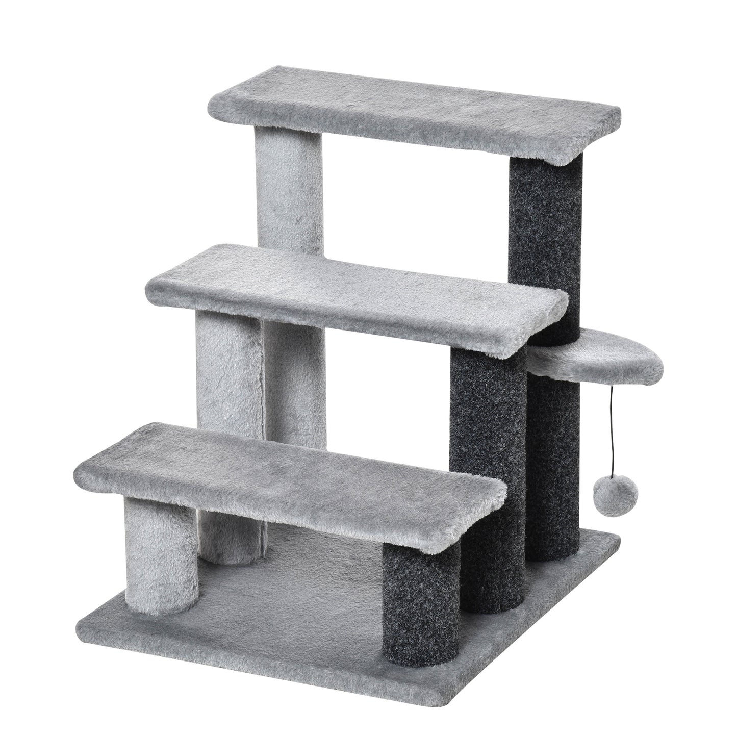 PawHut 3-step Pet Stairs with Scratching Posts, Platforms, Toy Ball, Grey Default Title