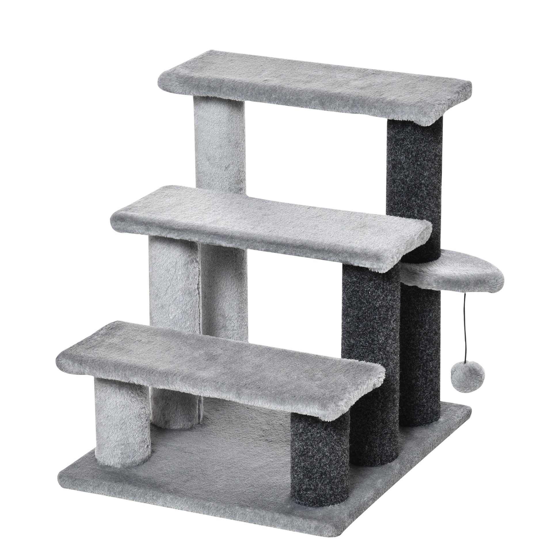 PawHut 3-step Pet Stairs with Scratching Posts, Platforms, Toy Ball, Grey Default Title