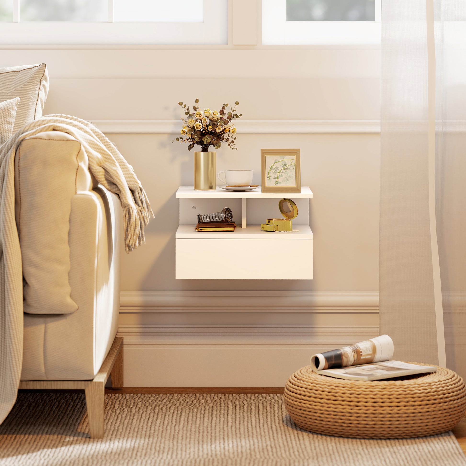 HOMCOM Set of Two Floating Bedside Tables - White
