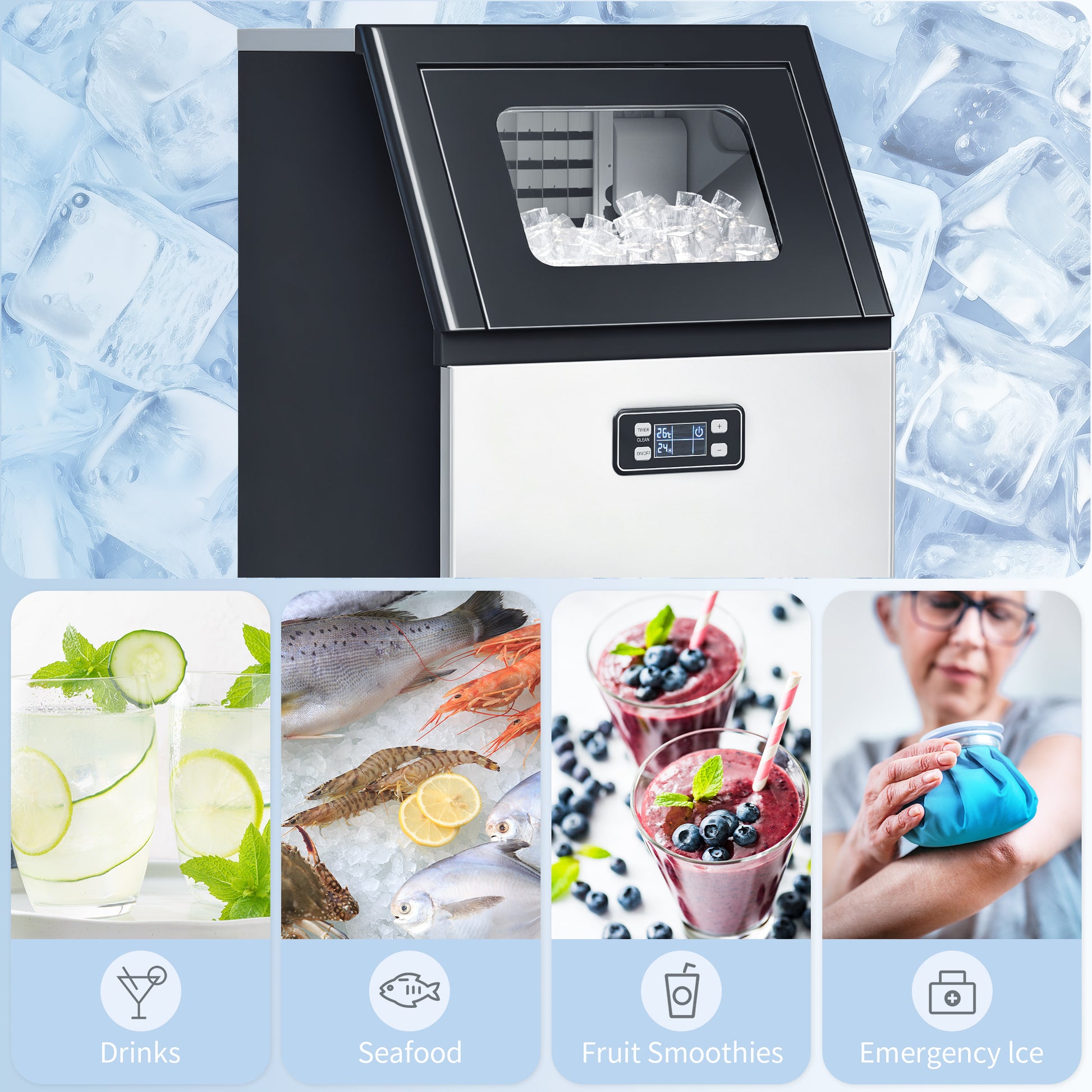 HOMCOM Commercial Ice Maker Machine, Freestanding Stainless Steel Ice Machine with Self-Cleaning, LCD Display, 45kg/24 Hours and 11kg Storage for Home, Office, Bar, Restaurant