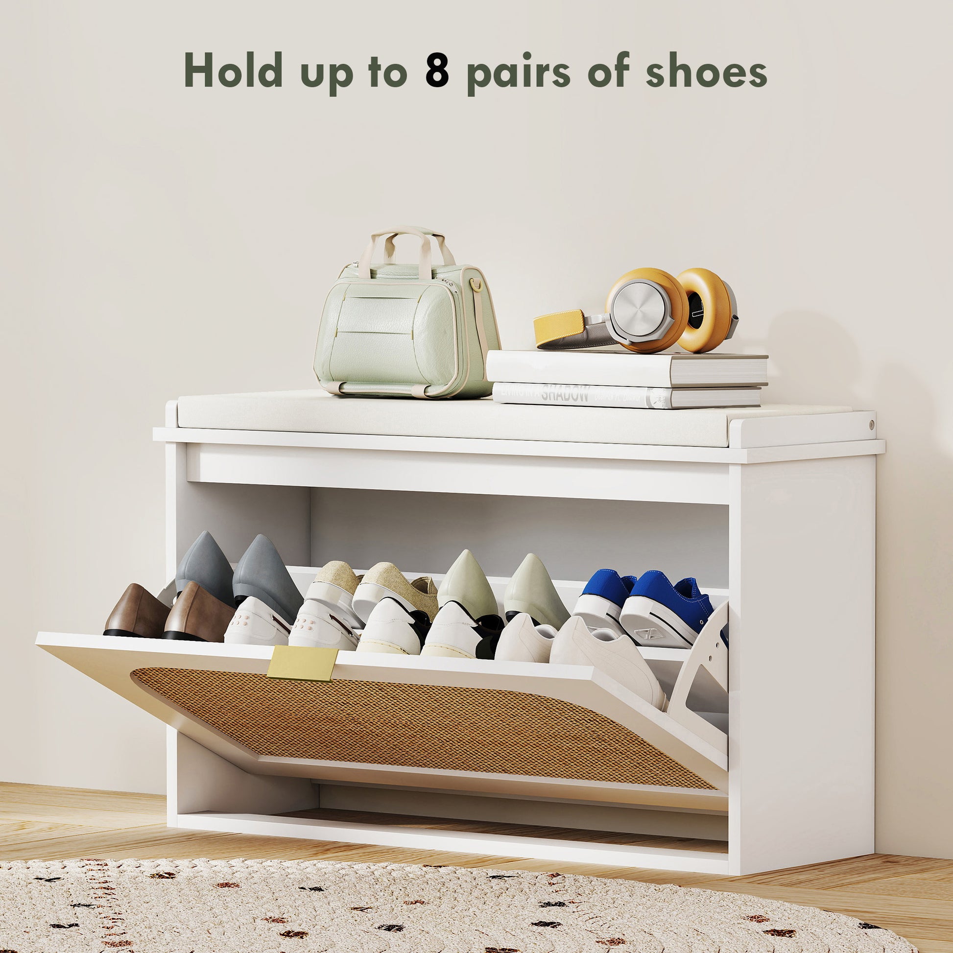 HOMCOM Boho Shoe Bench with Padded Seat and Flip-Drawer - White