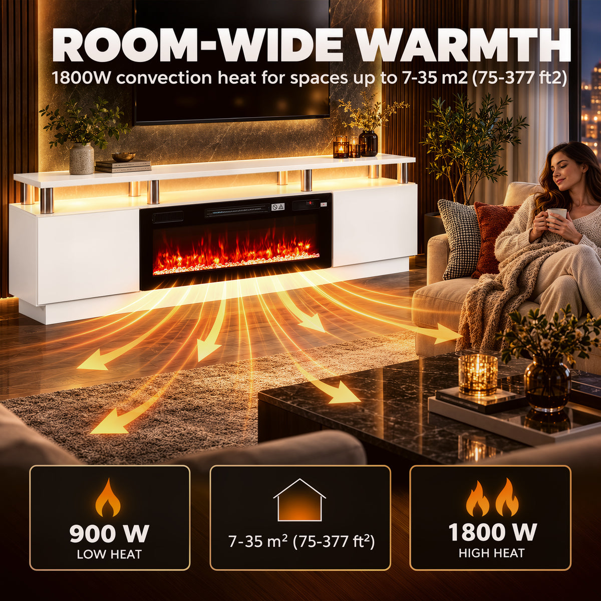 HOMCOM Electric Fireplace TV Stand for 80" TVs, 1800W LED Light Entertainment Center with Adjustable Flame, Remote, White