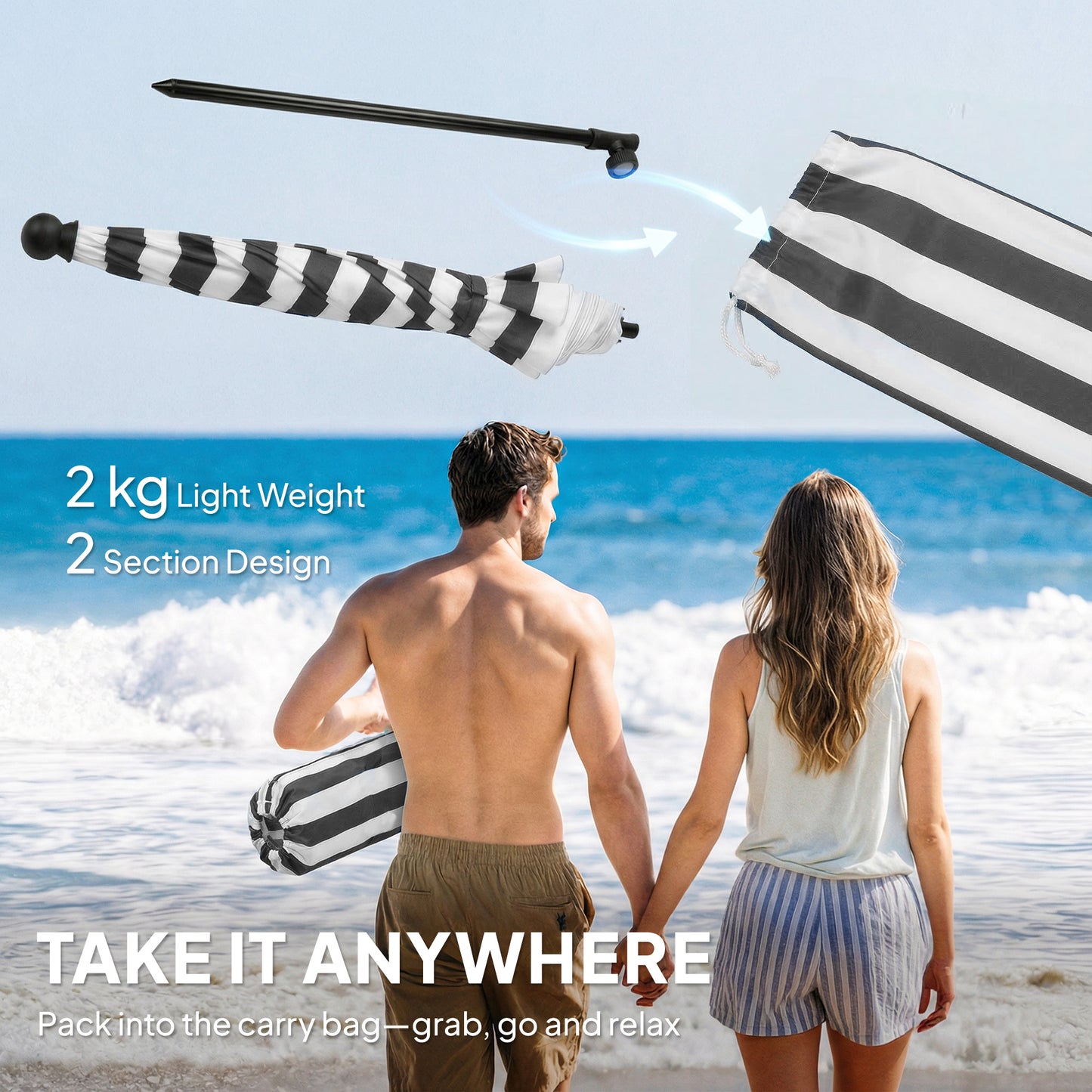 Outsunny 1.8 m Beach Umbrella Parasol with Sand Anchor, Portable 30Â° Tilting Patio Sun Shade with Adjustable Height, Grey/White