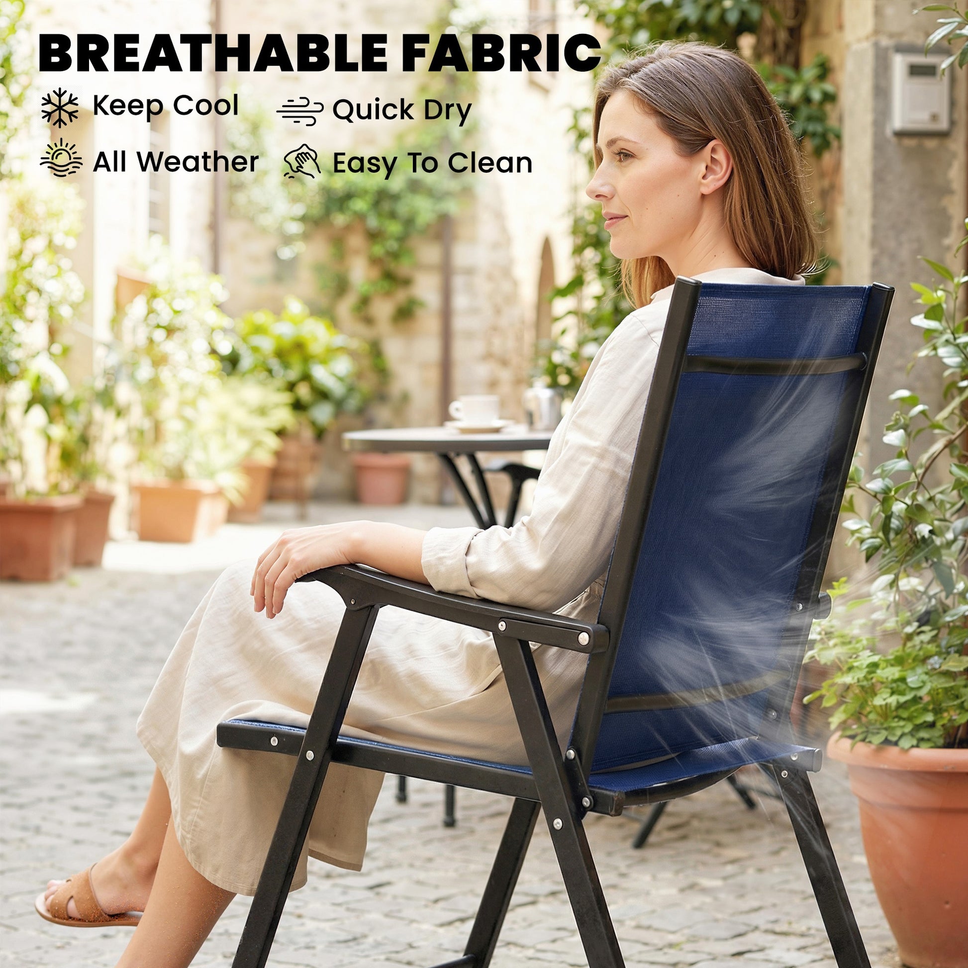 Outsunny Folding Garden Chairs Set of 4, Foldable Garden Dining Chairs with High Back, Armrests, Texteline Seat, Navy Blue