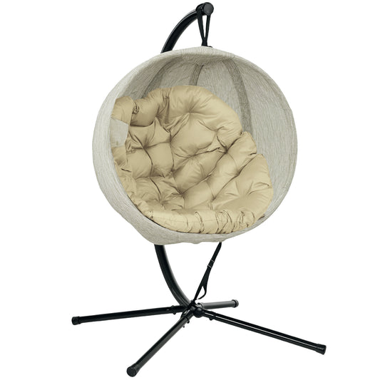 Outsunny Hanging Egg Chair Outdoor Indoor Garden Swing Chair with Folding Basket, Thickened Cushion, Cup Holder for Patio, Balcony, Khaki
