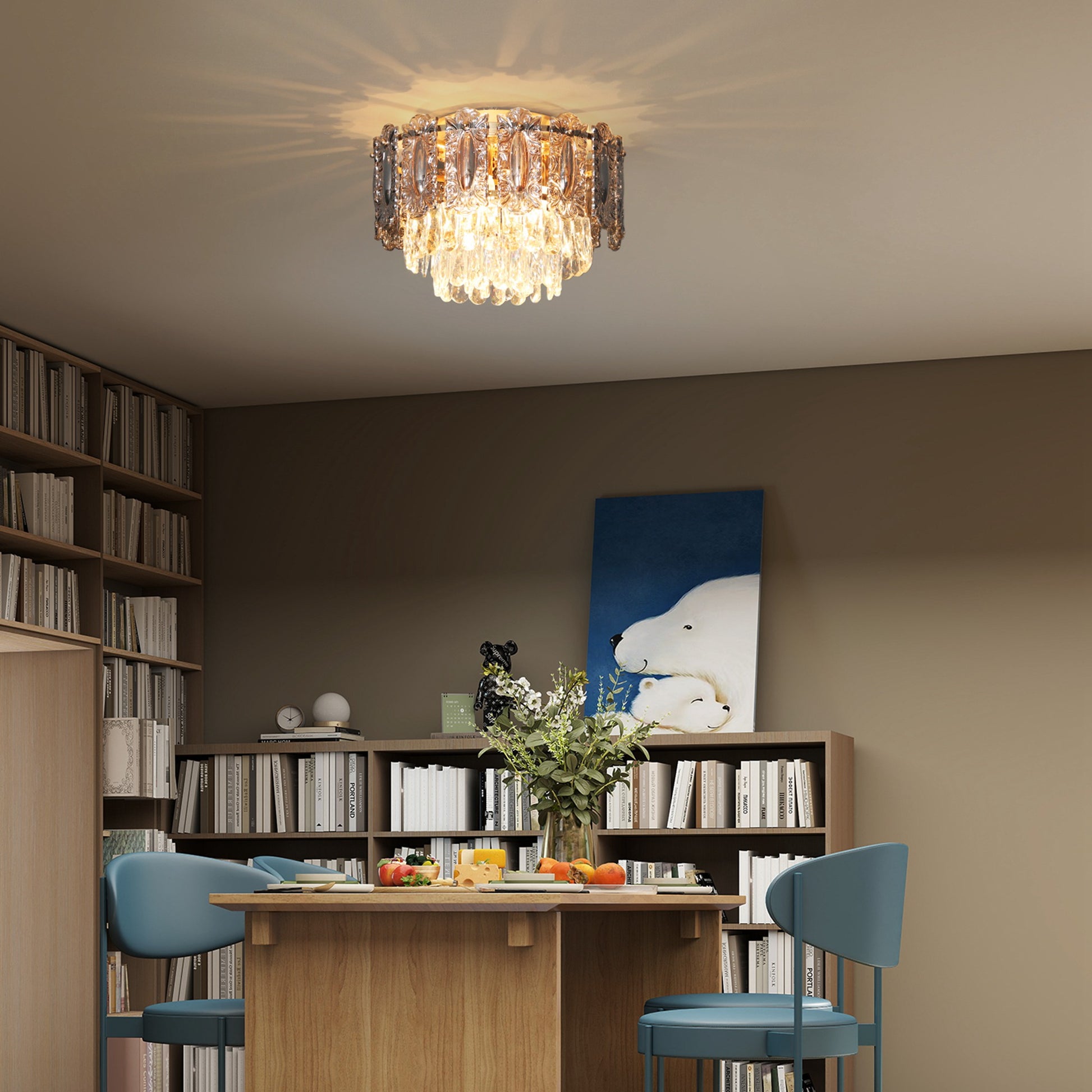 HOMCOM Chandelier Ceiling Light, 3-Light Vintage Flush Mount Fixture with Dual Crystal and Smoke Glass Shade, LED Ceiling Light for Living Room Bedroom, 3 E14 Sockets, Bulbs Not Included, Gold Tone