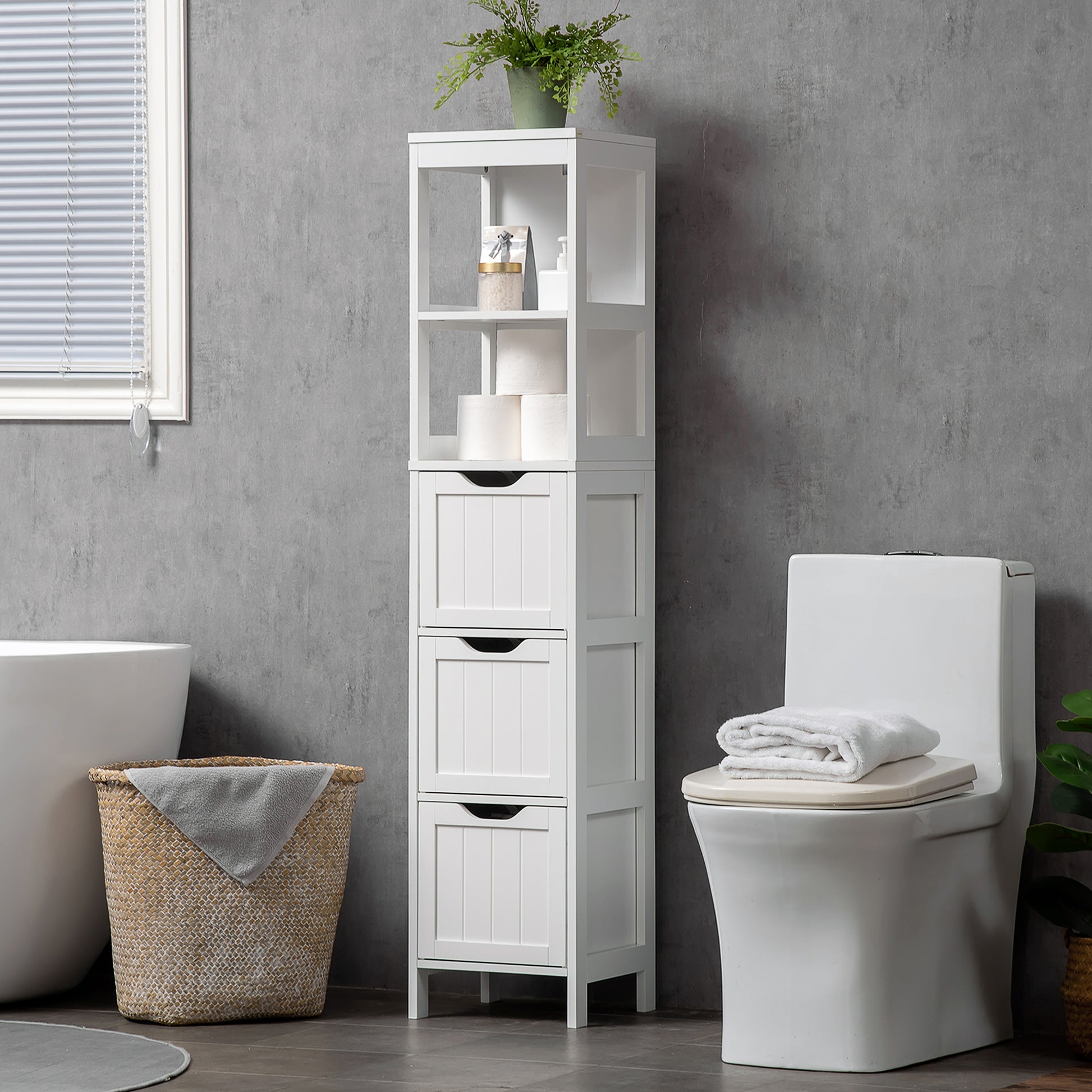 HOMCOM Narrow Floor Cabinet, Bathroom Cabinet with 3 Drawers and 2 Open Shelves, 30W x 30D x 141.6Hcm, White