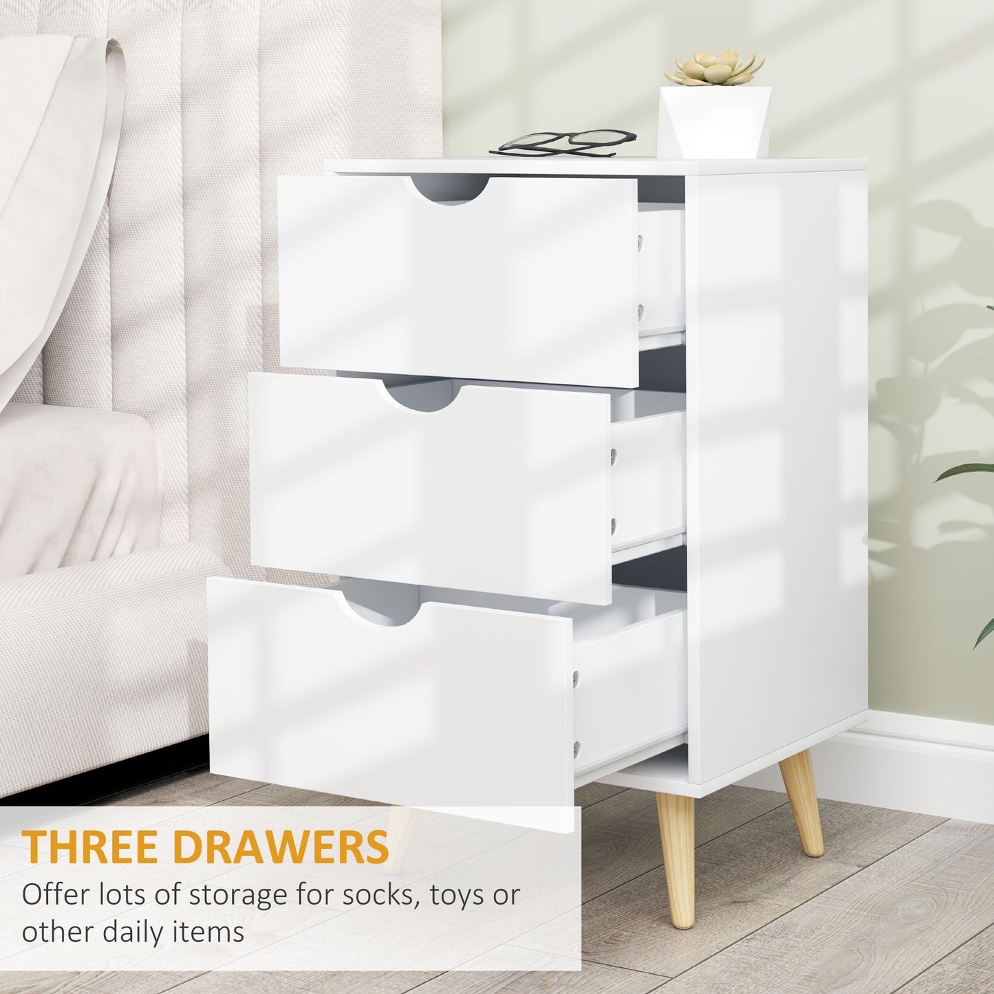 HOMCOM Bedside Table, Bedside Cabinet with 3 Drawers, Side End Table with Pine Wood Legs for Bedroom Living Room, Cream White