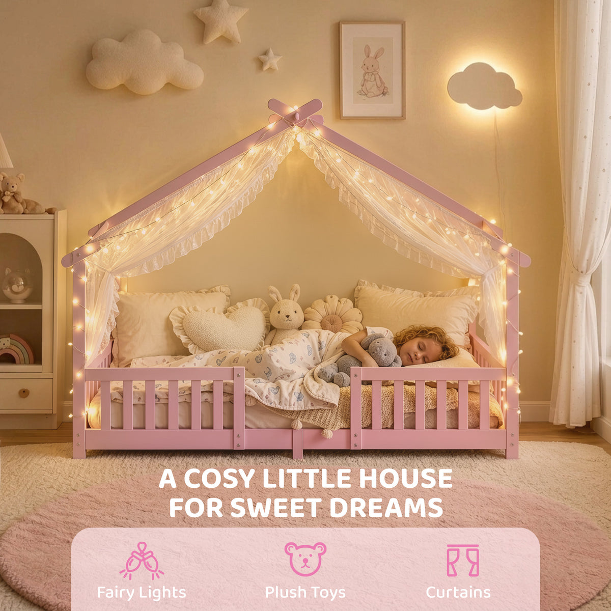 AIYAPLAY Wooden Kids House Single Bed Frame, Solid Pine Wood Toddler Bed with Dual Guardrails for Children, Boys, Girls, Pink