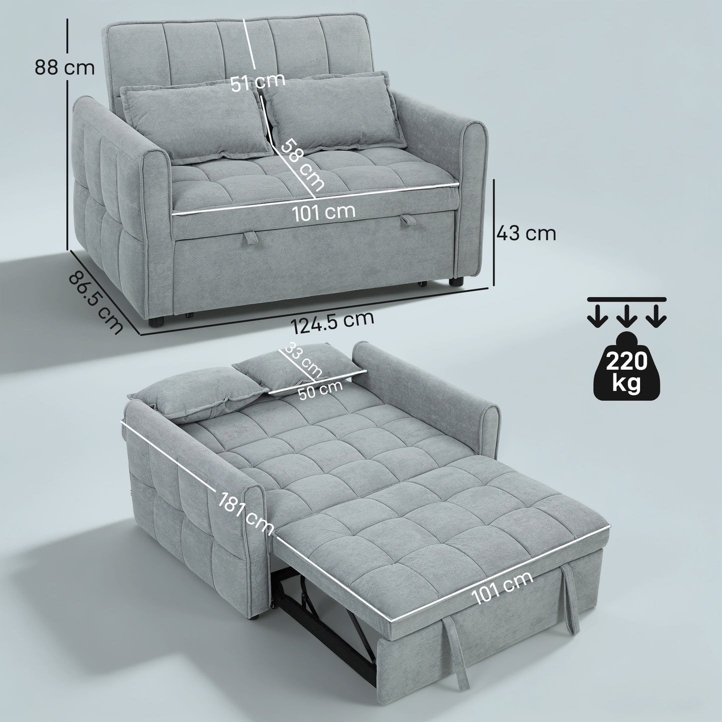 HOMCOM 2 Seater Sofa Bed, 3-in-1 Convertible Sleeper Sofa with Click-clack Adjustable Backrest and 2 Pillows, Grey
