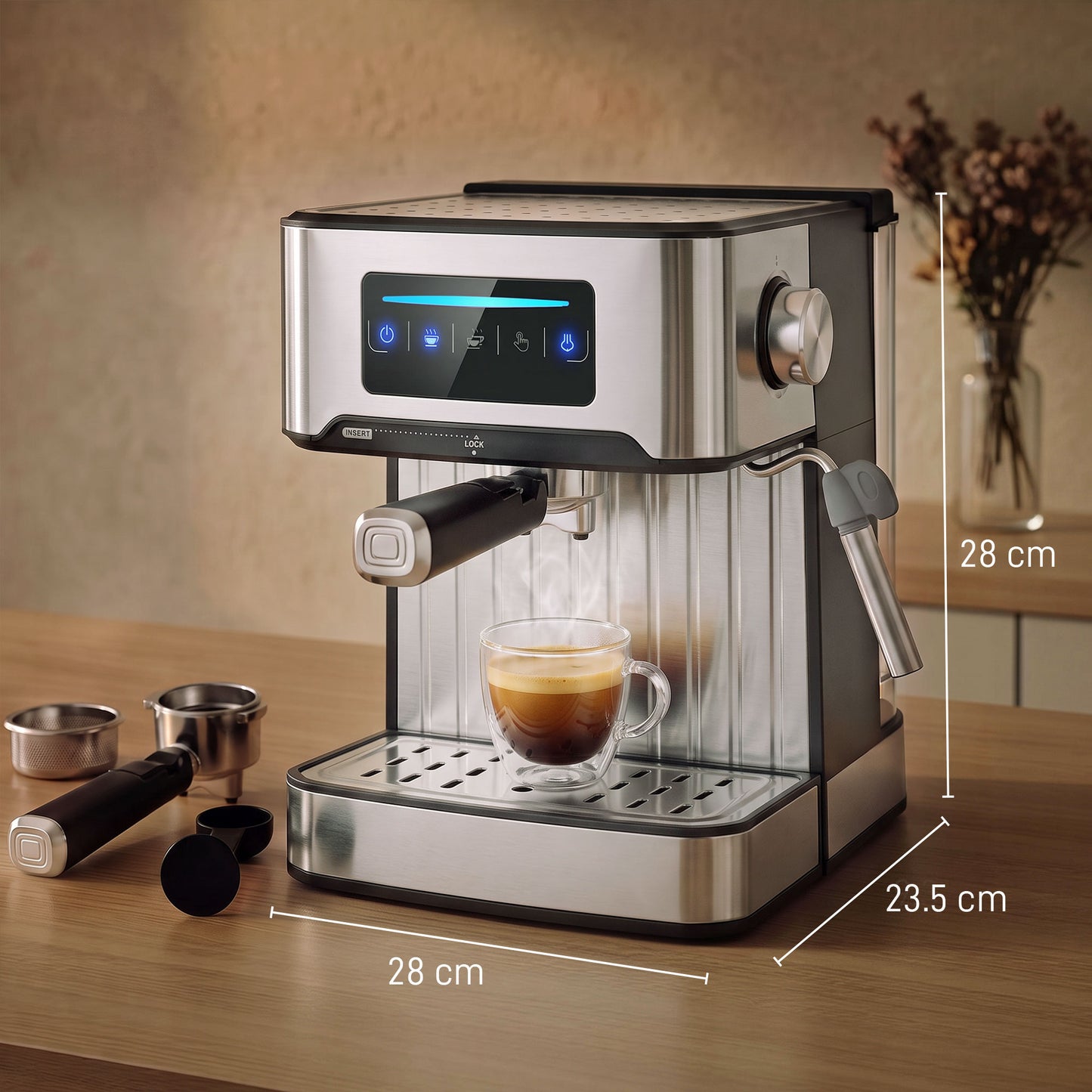 HOMCOM Espresso Machine, 20-Bar Cappuccino Coffee Maker with Frother Wand, 1.6L Tank, Single/Double/Manual Shot, LED Touch