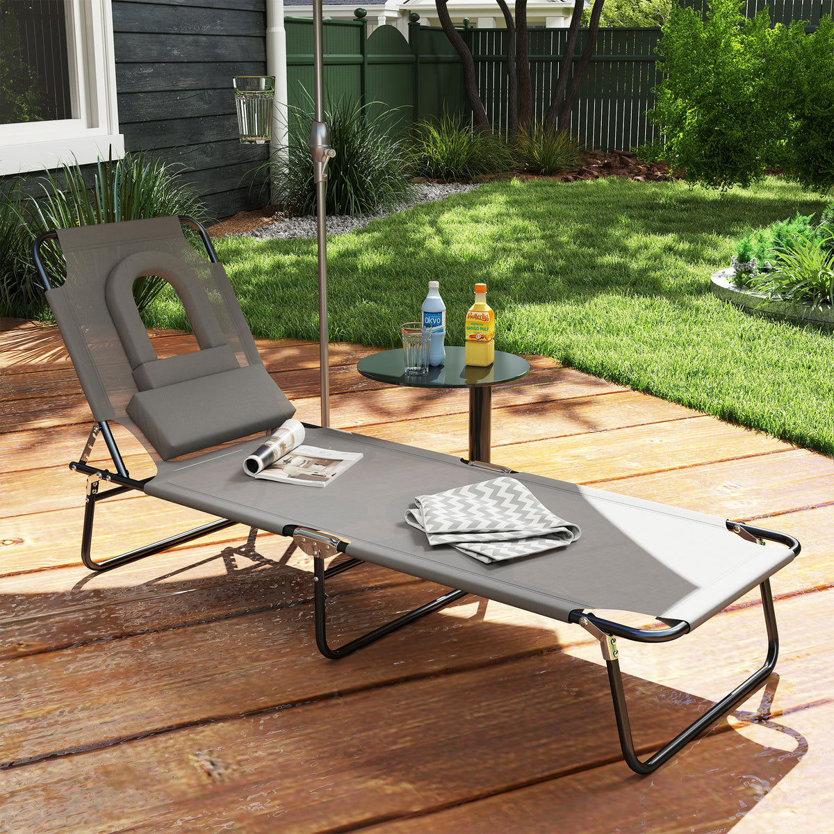 Outsunny Folding Sun Lounger Reclining Chair w/ Pillow Reading Hole Garden Beach