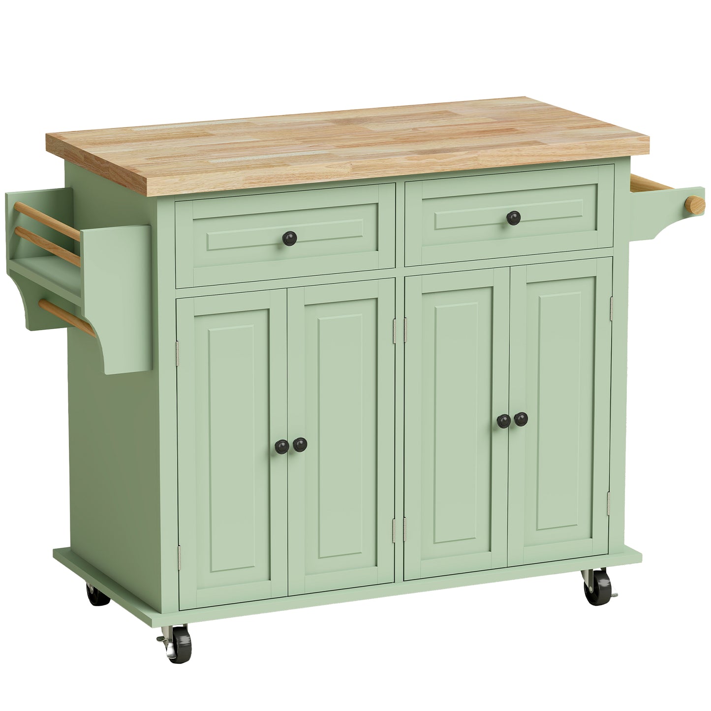 HOMCOM Rolling Kitchen Island Storage Trolley with Rubber Wood Top & Drawers for Dining Room, Light Green