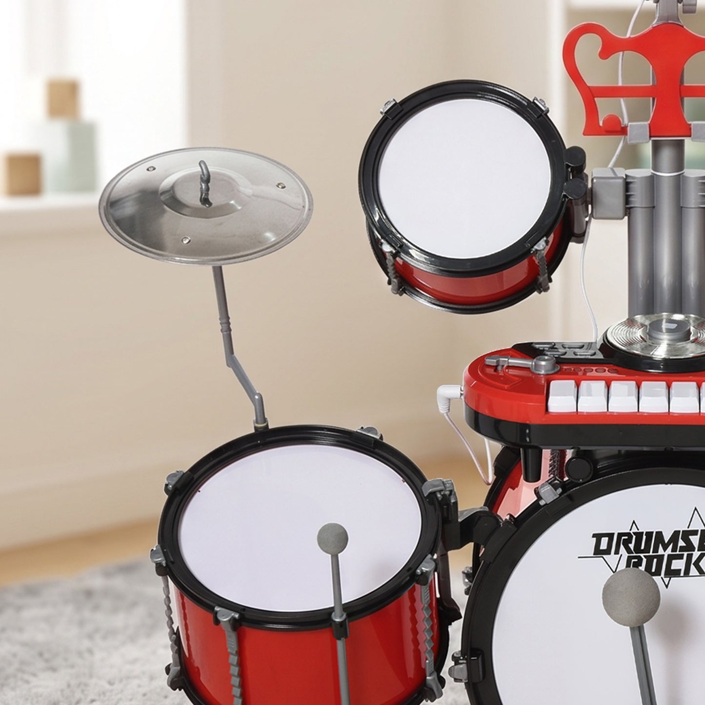 HOMCOM Kids Drum Set for Beginners, Drum Kit with Toy Microphone, Cymbal, Pedal & Drumsticks, Educational Musical Toy, Red