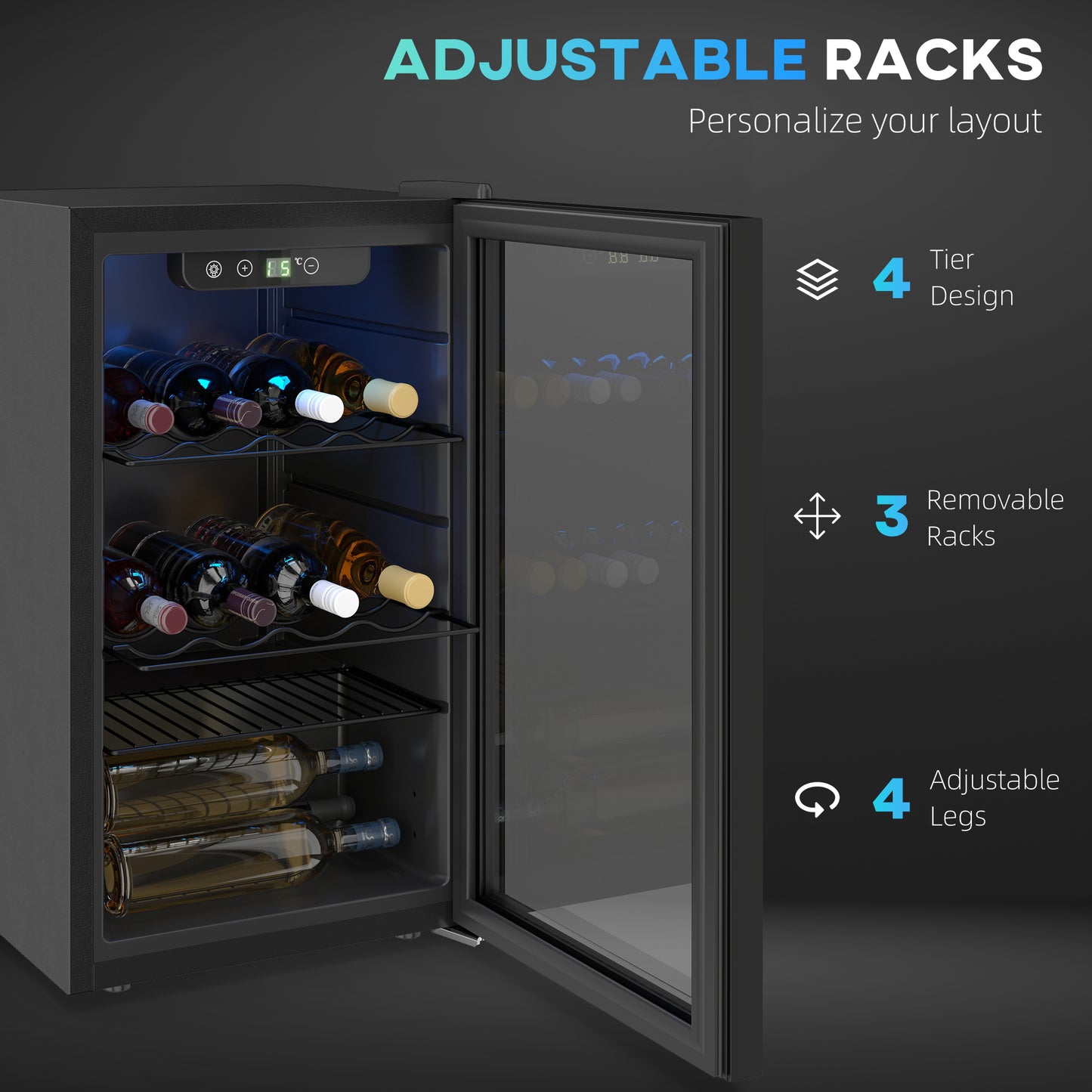 HOMCOM 24 Bottle Wine Cooler, 68 Litre Capacity, 4-16Â°C Freestanding Drinks Wine Fridge with Glass Door, Black