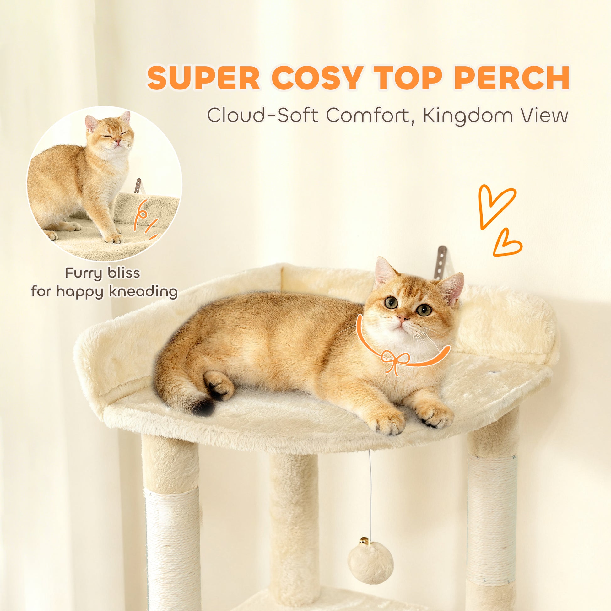 PawHut 170 cm Large Cat Tree, Cat Tower with 7 Scratching Posts, Tunnel, 2 Condos, Hammock, Perch, Ramp, Pompoms, Beige