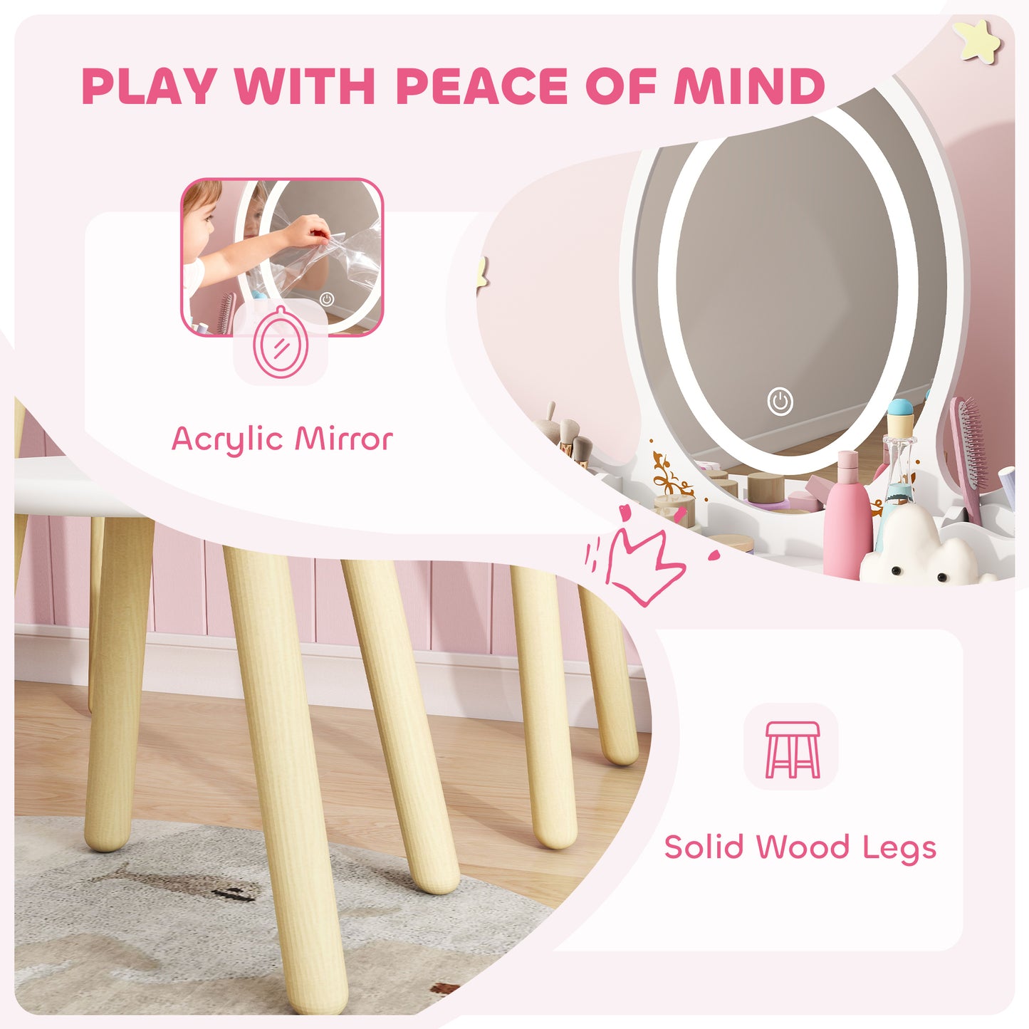 AIYAPLAY Kids Vanity Table and Chair Set with 3-Colour LED Lights Mirror, Drawer, Storage Boxes, for 3+ Years, White
