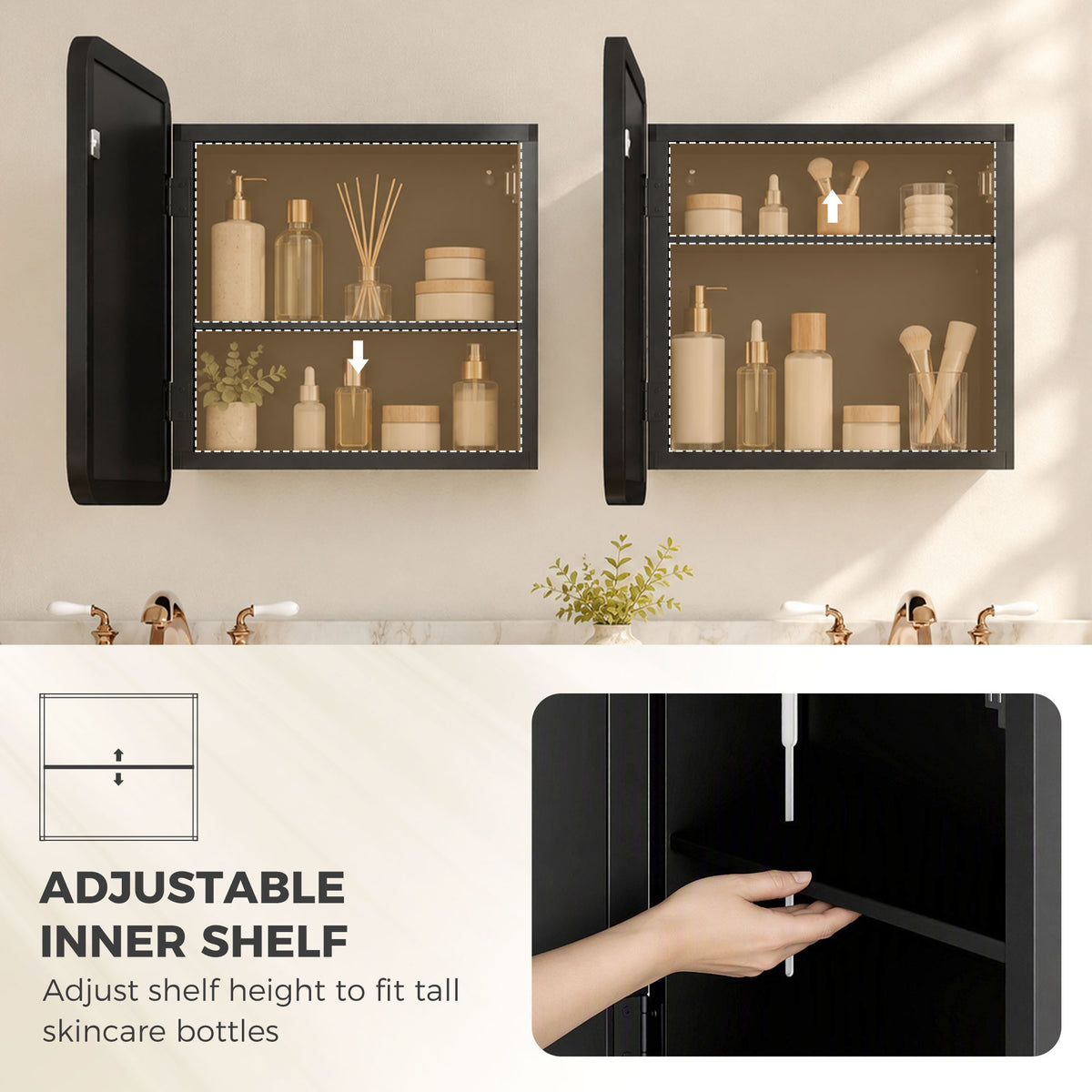 HOMCOM Bathroom Medicine Mirror Cabinet, Bathroom Wall Cabinet with Storage, Magnetic Door and Adjustable Shelf, Black