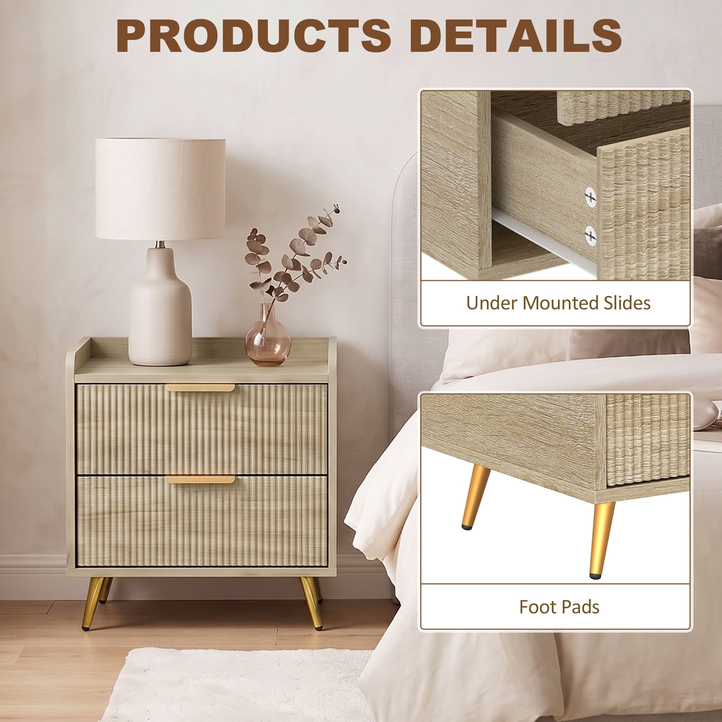 HOMCOM Bedside Table with 2 Drawers, Side End Table with Metal Legs for Bedroom, Living Room, Natural Wood Finish