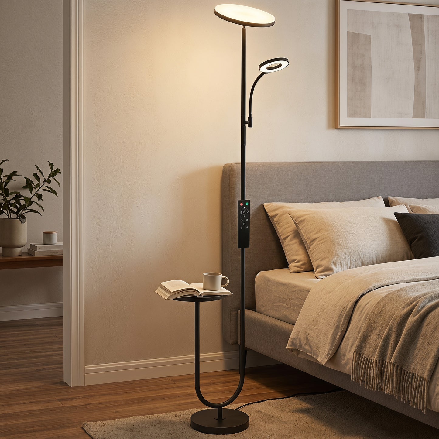 HOMCOM Uplighter Floor Lamp with Table and Reading Light, Dual Light Dimmable Standing Lamp with Remote & 4 Colour Temperatures