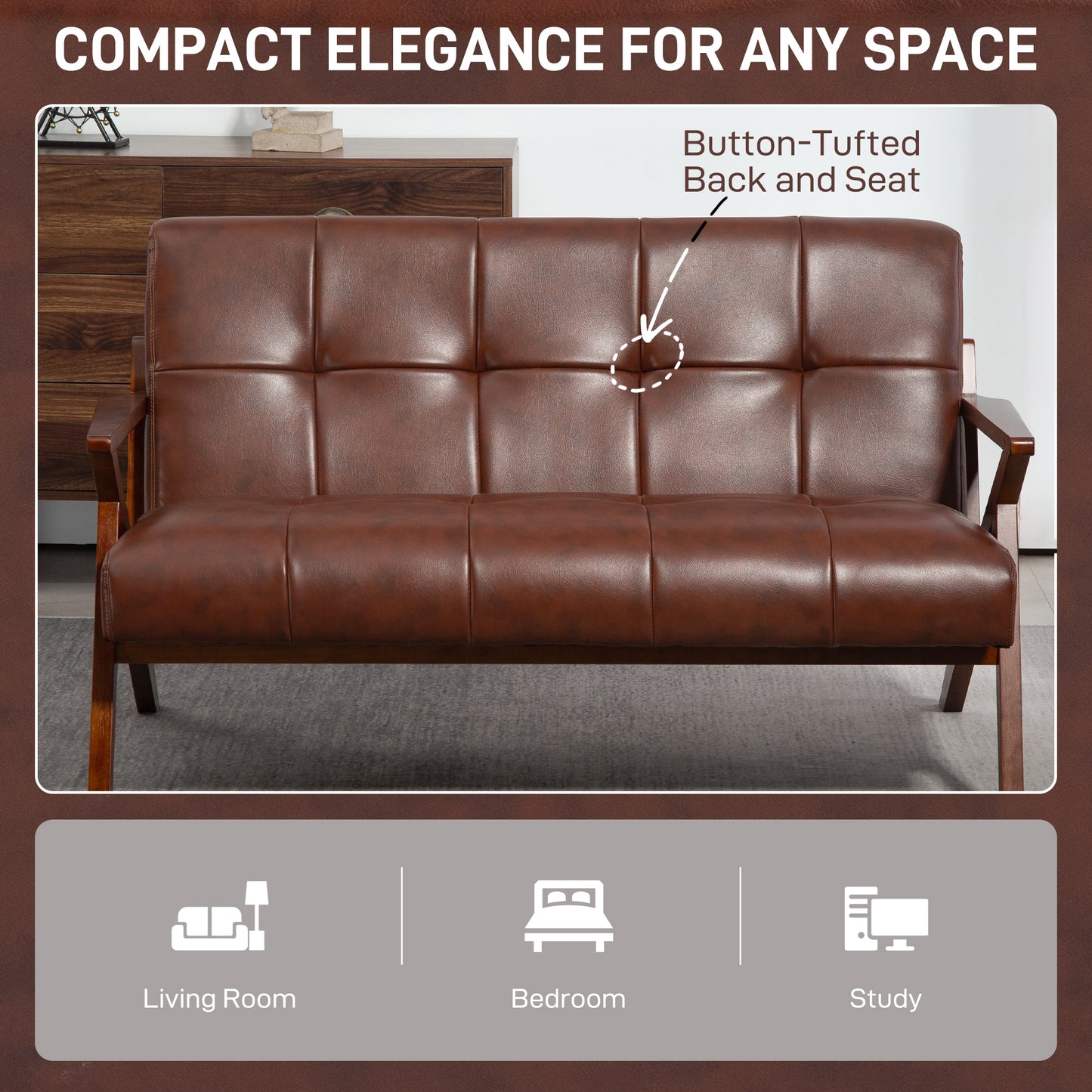 HOMCOM Compact 2 Seater Sofa, Vintage Tufted Loveseat Sofa with Solid Wood Legs, PU Leather Small Couch Settee for Living Room, Bedroom, Home Office, 133 x 81 x 78.5 cm, Brown