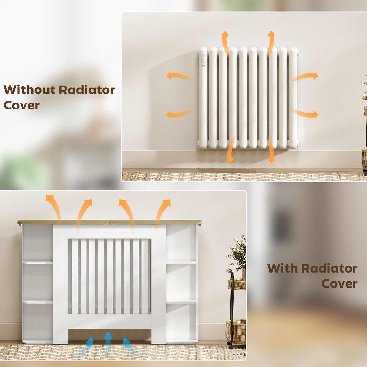 HOMCOM Radiator Cover with Open Storage Shelves, Vertical Slatted Cabinet Shelf Heater Cover for Living Room, Hallway, Medium, White (H: 83 / W: 124 / D: 19 cm)