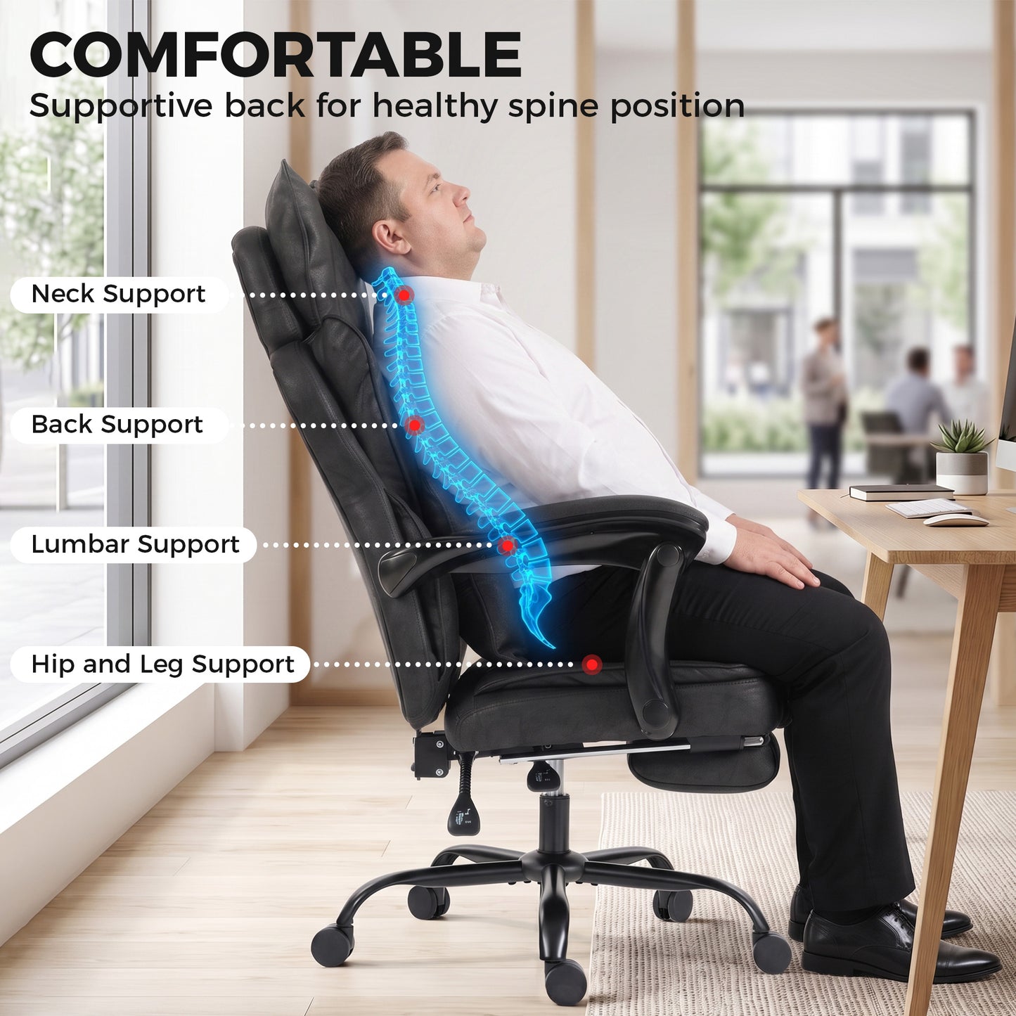 HOMCOM Executive Office Chair, Leathaire Big and Tall Office Chair 180 kg with Wide Seat, Reclining, Lumbar Support, Black