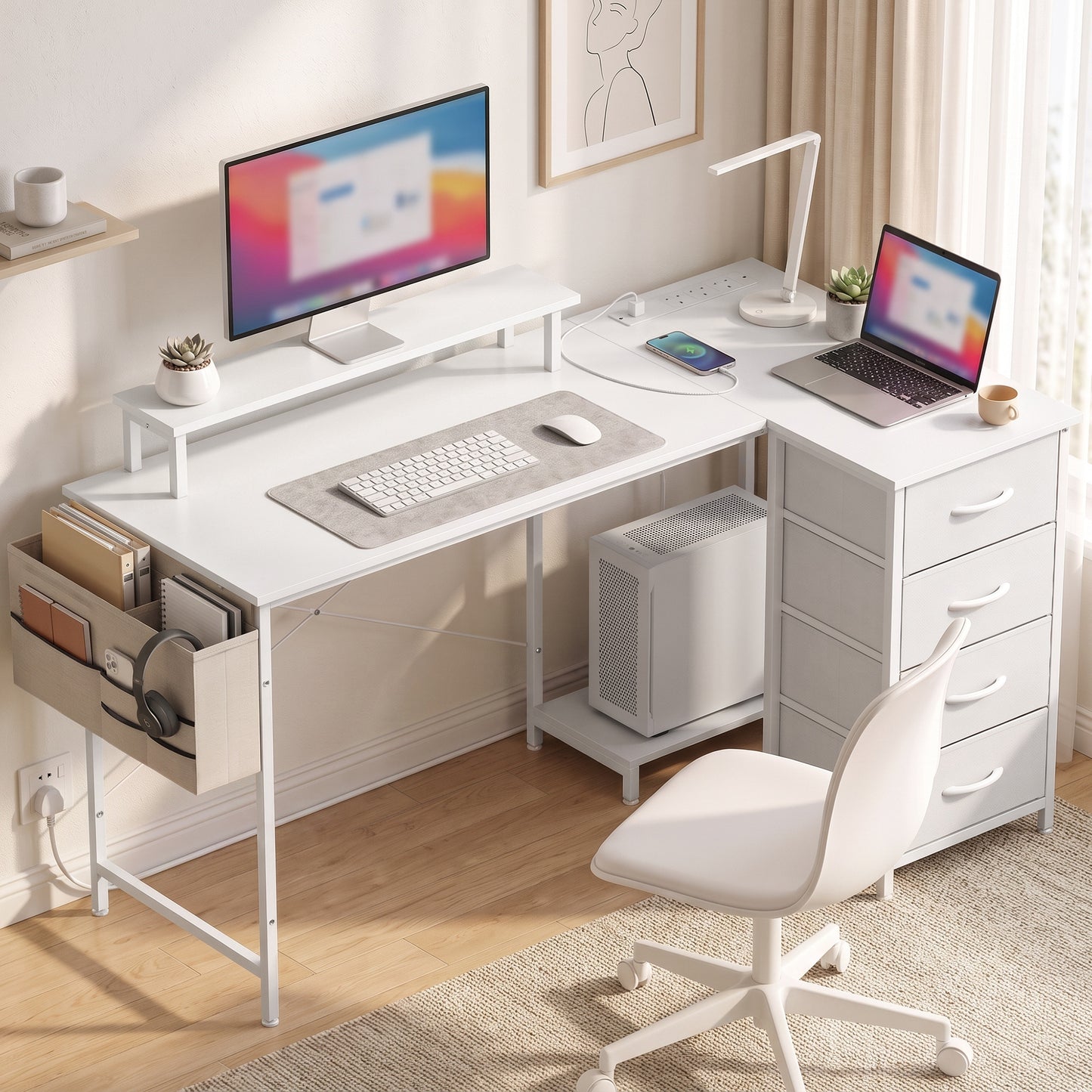 HOMCOM L Shaped Gaming Desk Reversible Power Outlets Corner Desk Storage Drawers Monitor Shelf 150 cm White