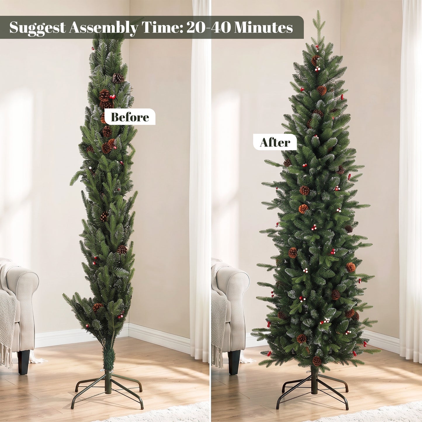 HOMCOM Slim Gracious Pine Xmas Tree, 6ft/180cm Artificial Christmas Tree with 688 Branch Tips, Foldable Steel Stand, Green