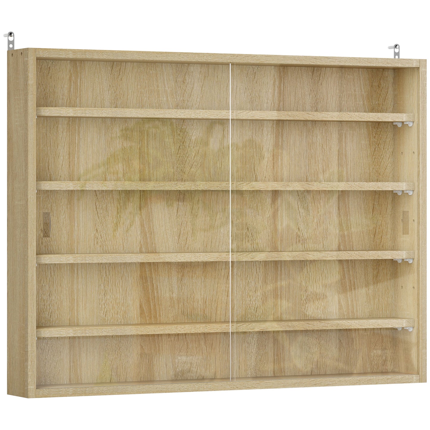 HOMCOM 5-Tier Wall Display Shelf Unit Cabinet w/ 4 Adjustable Shelves Glass Doors Home Office Ornaments 60x80cm Oak Default Title