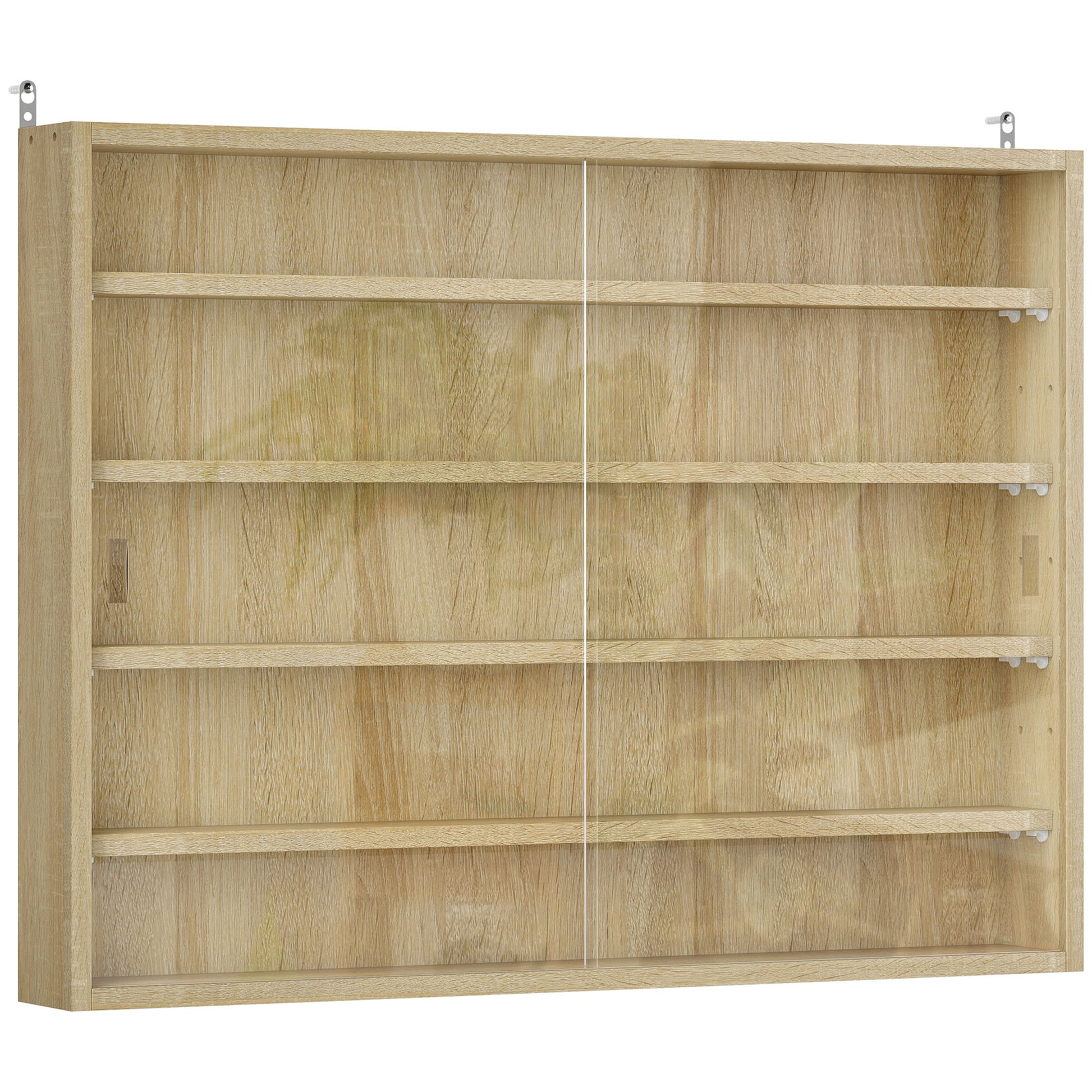 HOMCOM 5-Tier Wall Display Shelf Unit Cabinet w/ 4 Adjustable Shelves Glass Doors Home Office Ornaments 60x80cm Oak Default Title