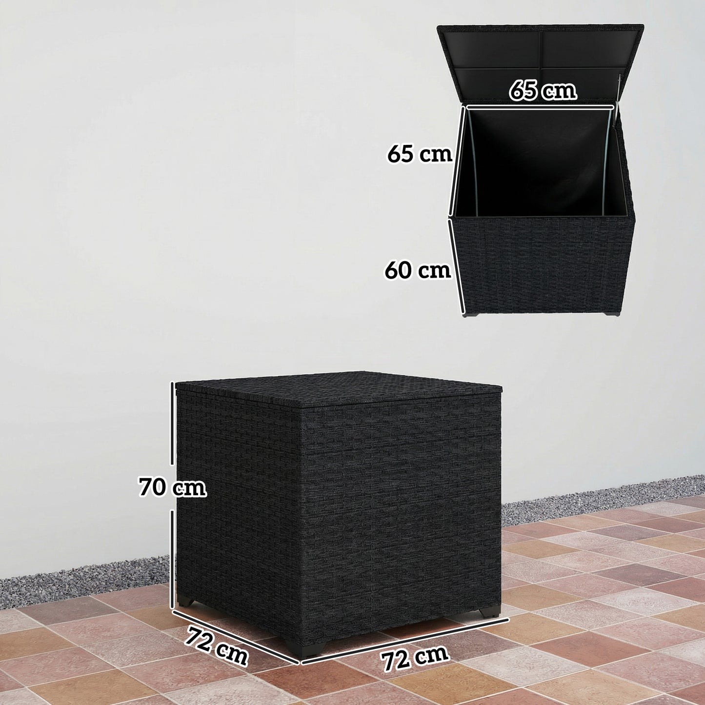 Outsunny 253L Garden Storage Box, Rattan Deck Box with Zipped Liner, Safe Pneumatic Rod, Patio Storage Container, Black