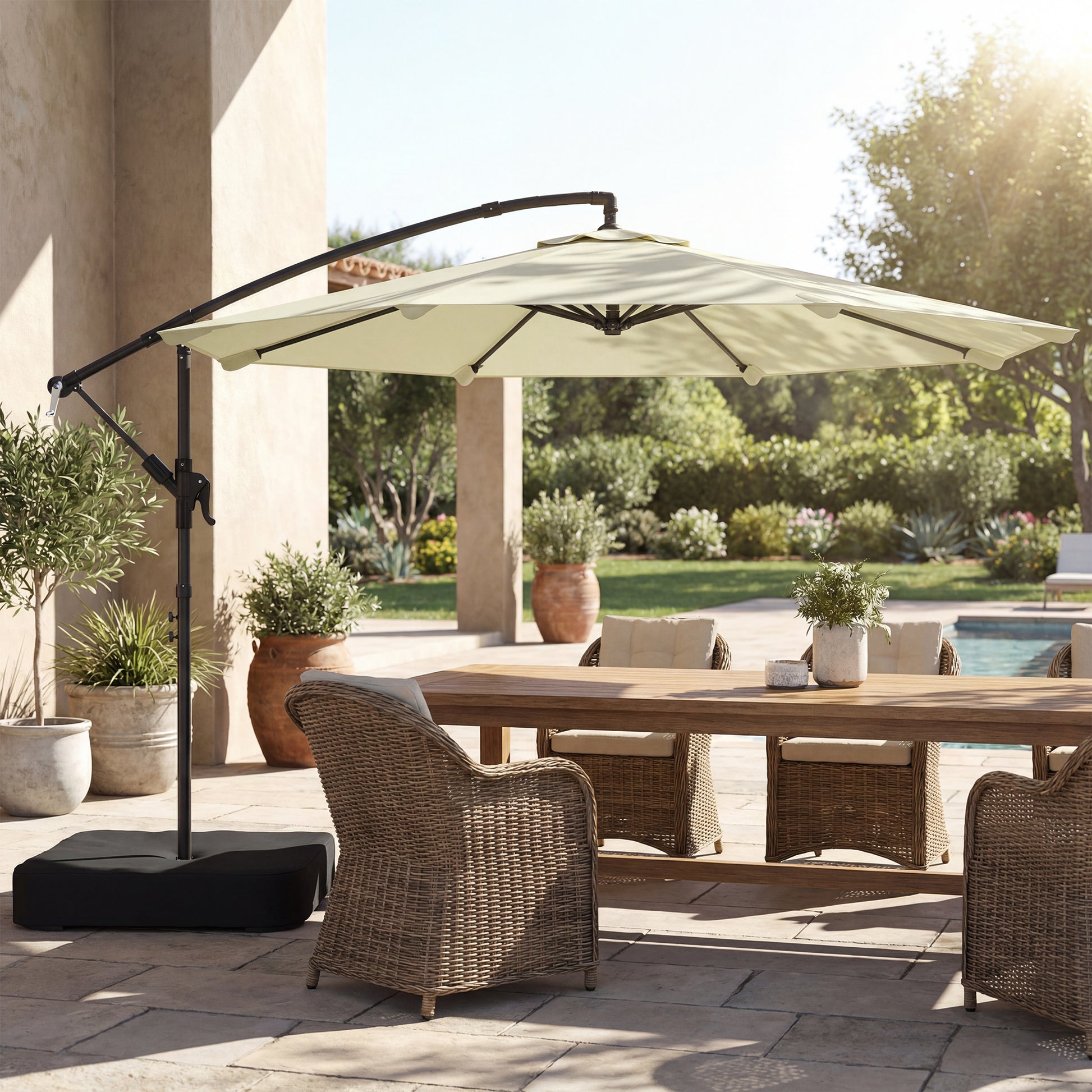 Outsunny 3 m Garden Cantilever Parasol with Cross Base, Sandbag, 360Â° Rotating Overhanging Banana Umbrella, Beige