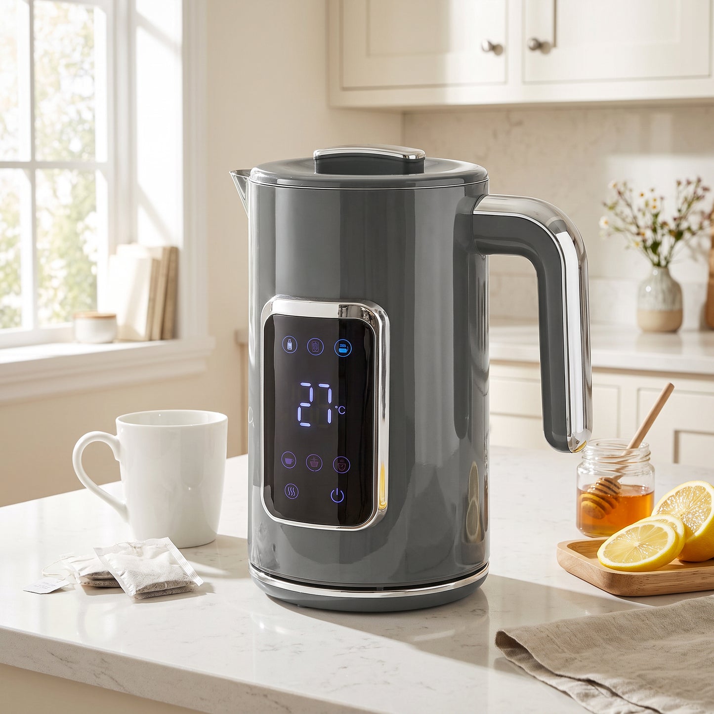 HOMCOM Electric Kettle, 1.7L Fast Boil 3000W Water Kettle with LED Display, Adjustable Temperature, Keep Warm Function, Grey